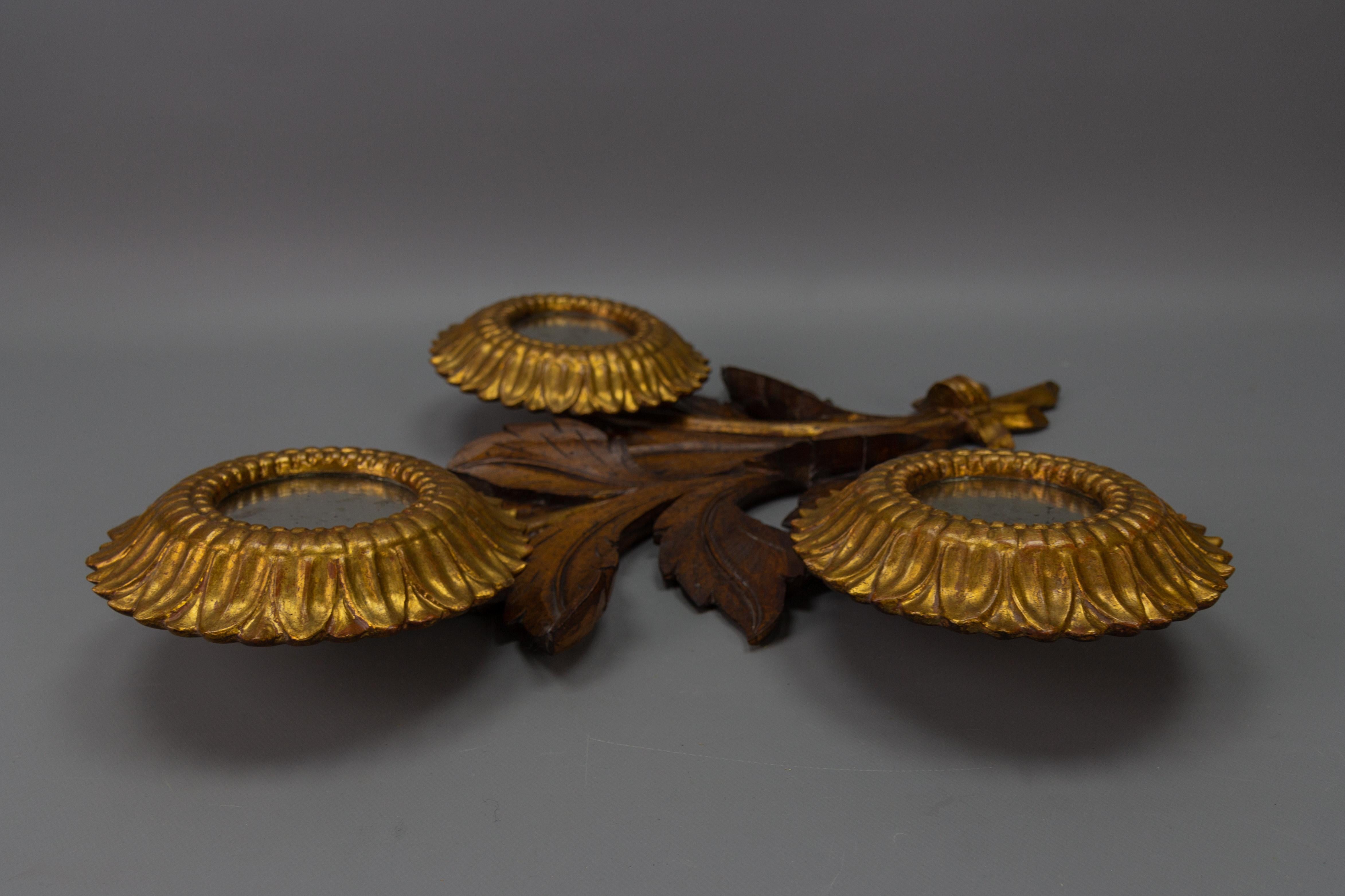 Mid-Century Carved Sunflower-Shaped Brown and Golden Wall Mirror, 1950s For Sale 4