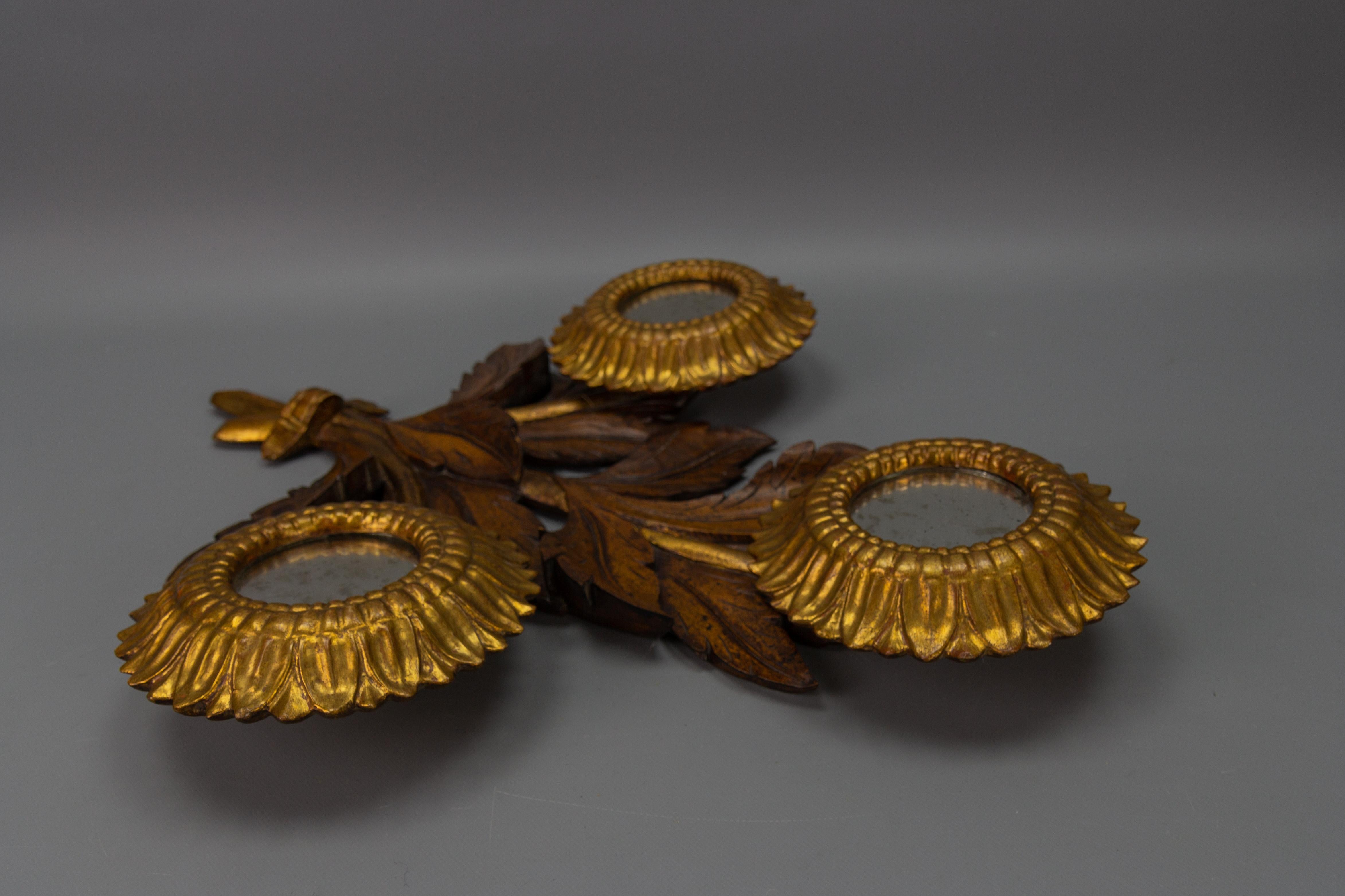 Mid-Century Carved Sunflower-Shaped Brown and Golden Wall Mirror, 1950s For Sale 5