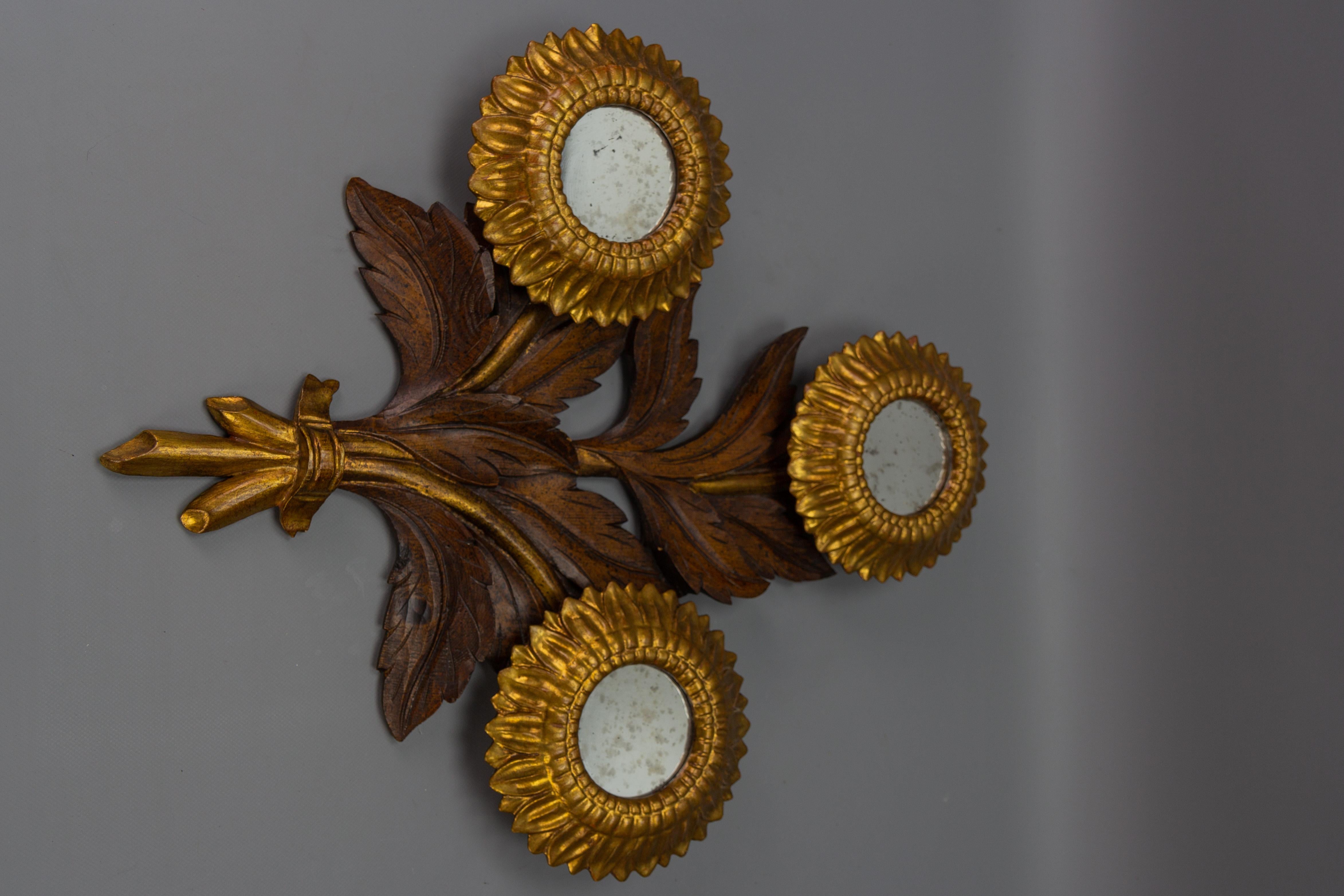 Mid-Century Carved Sunflower-Shaped Brown and Golden Wall Mirror, 1950s For Sale 8