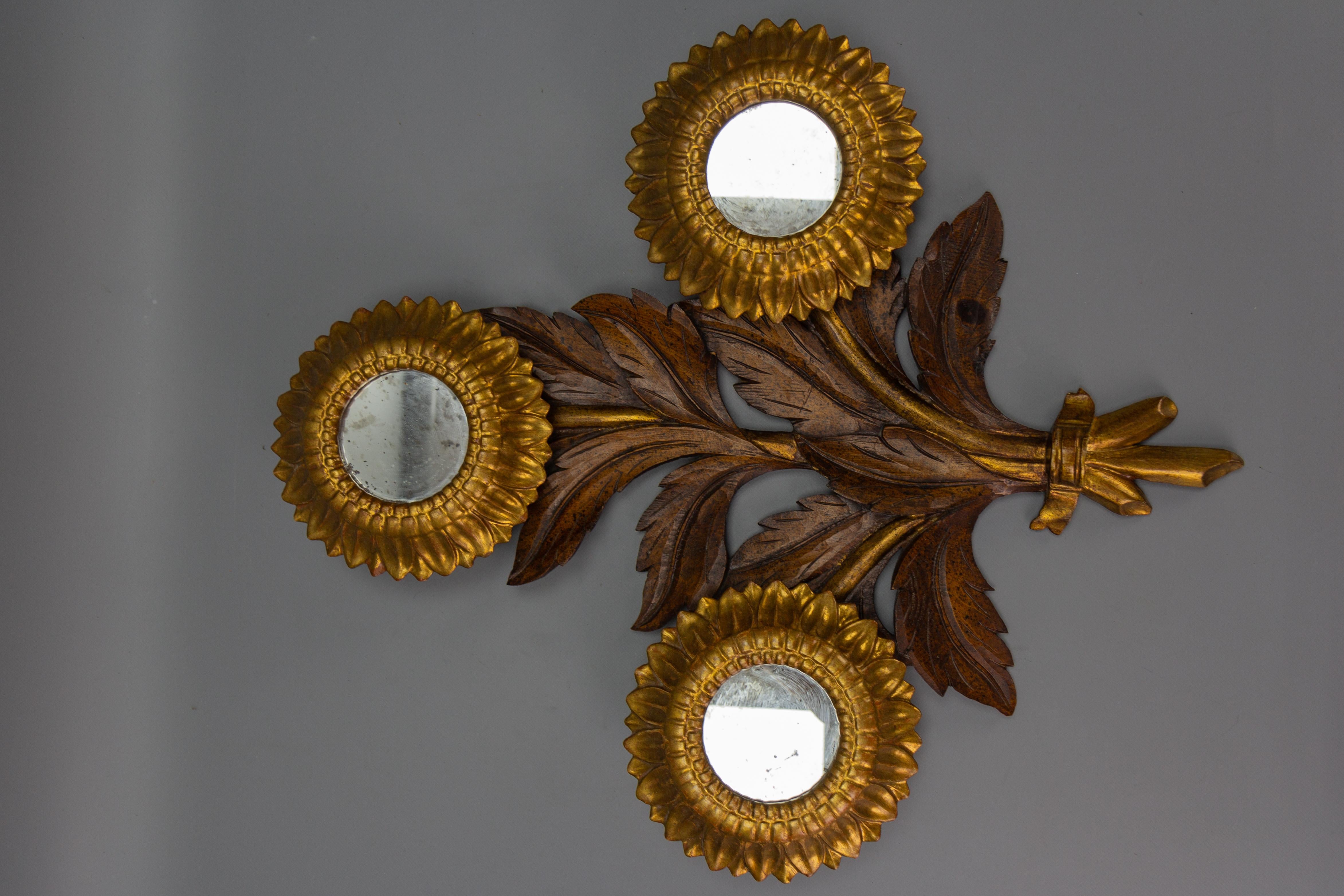 Mid-Century Carved Sunflower-Shaped Brown and Golden Wall Mirror, 1950s For Sale 10