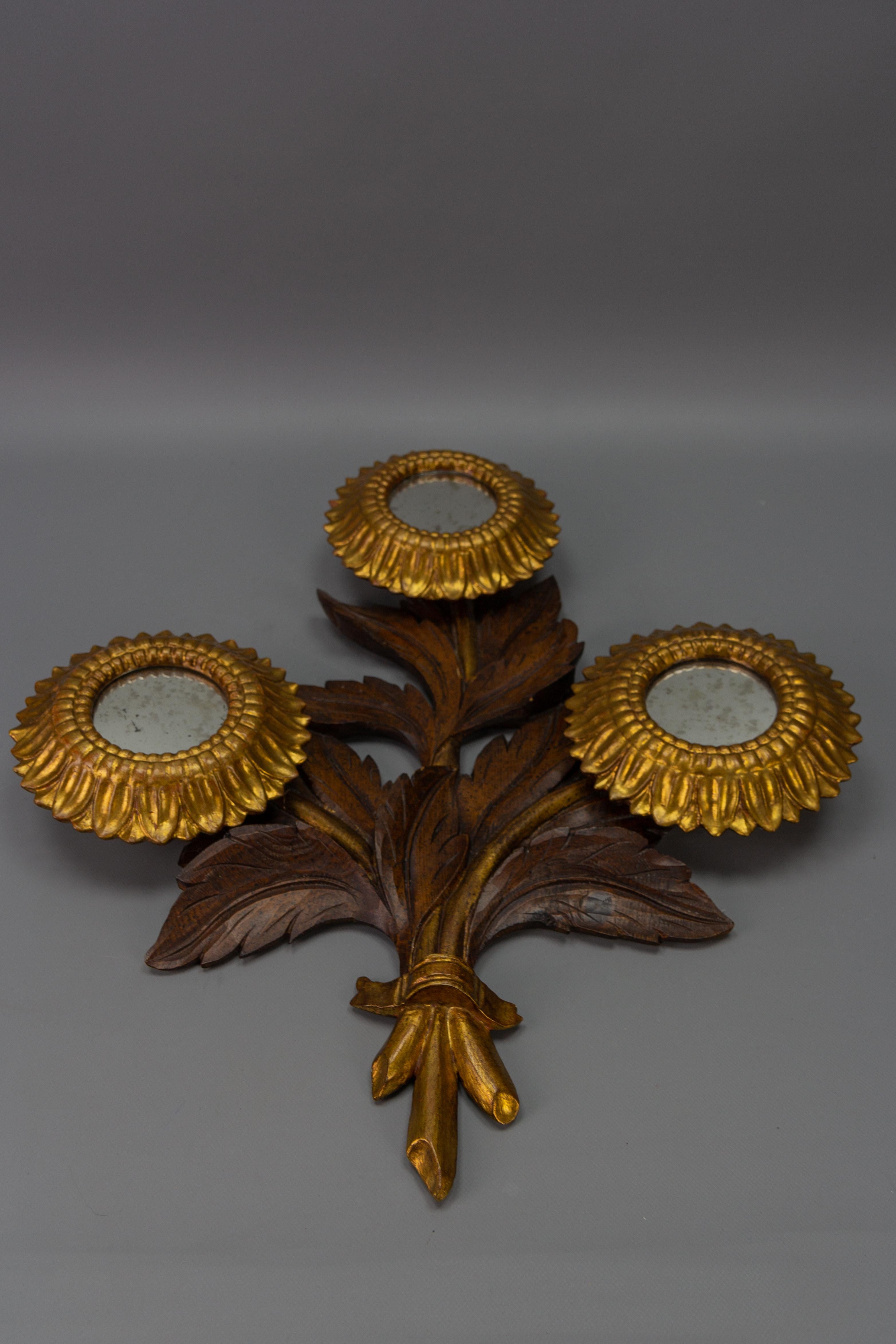 Mid-Century Modern Mid-Century Carved Sunflower-Shaped Brown and Golden Wall Mirror, 1950s For Sale