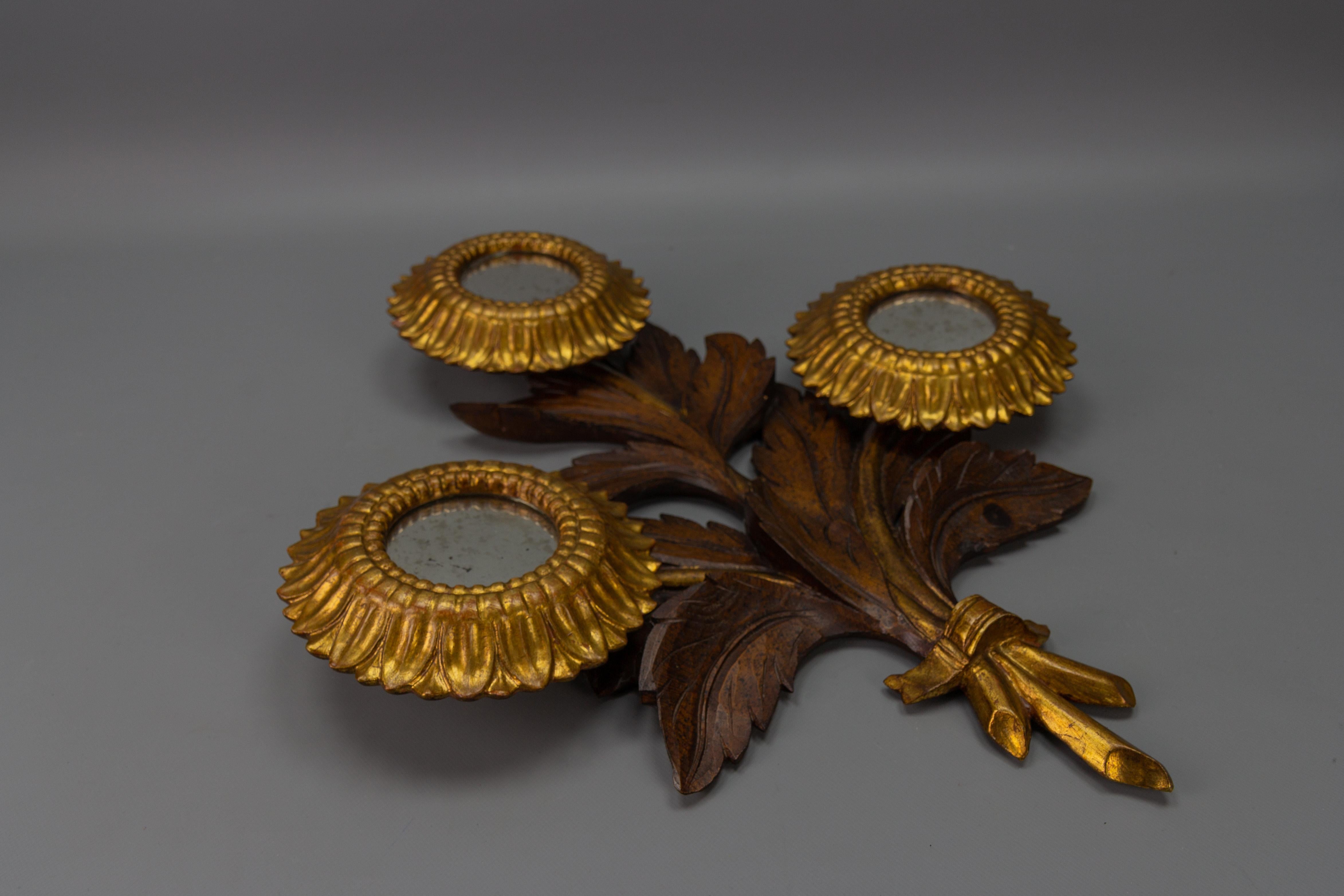 Italian Mid-Century Carved Sunflower-Shaped Brown and Golden Wall Mirror, 1950s For Sale