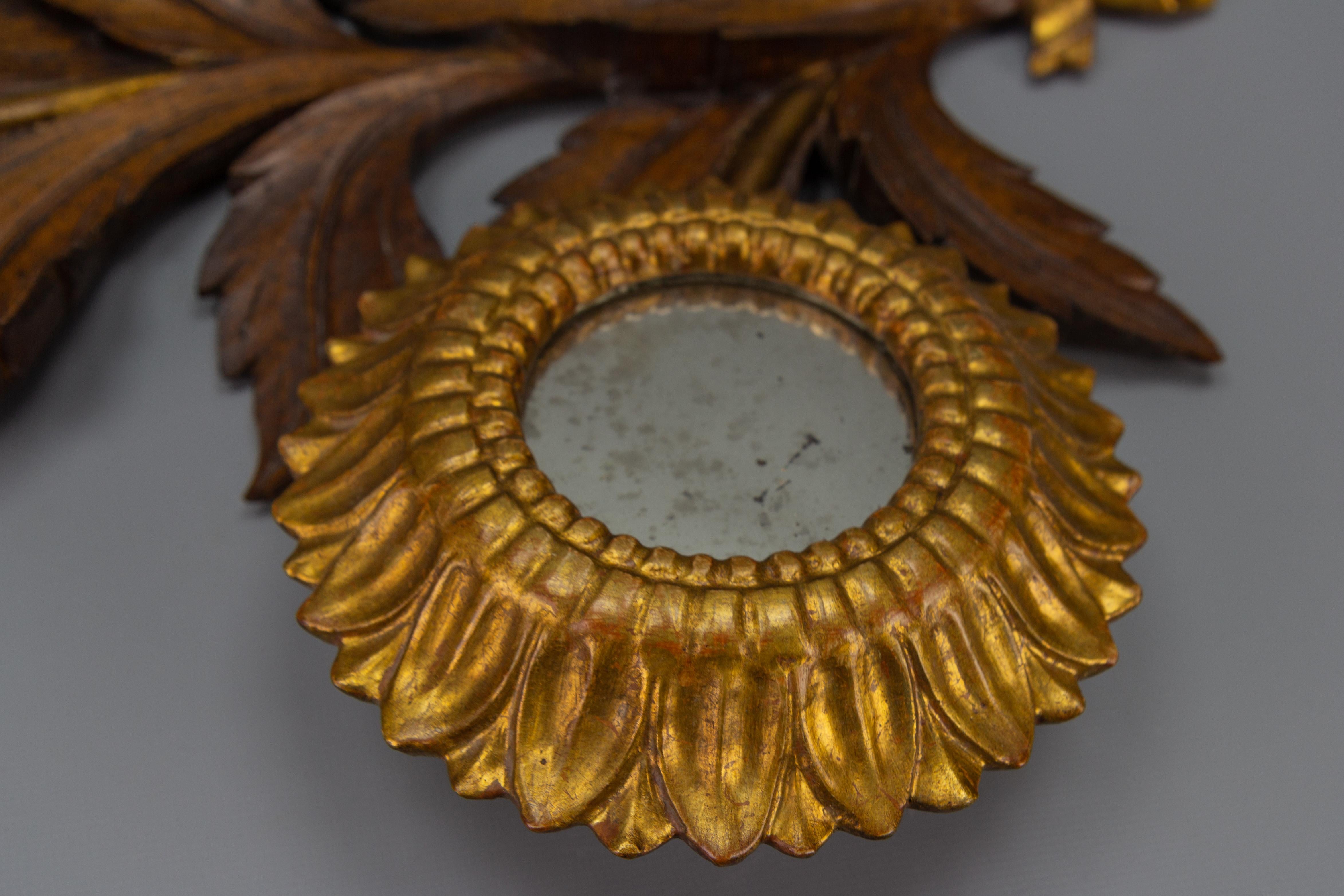 Mid-Century Carved Sunflower-Shaped Brown and Golden Wall Mirror, 1950s For Sale 1