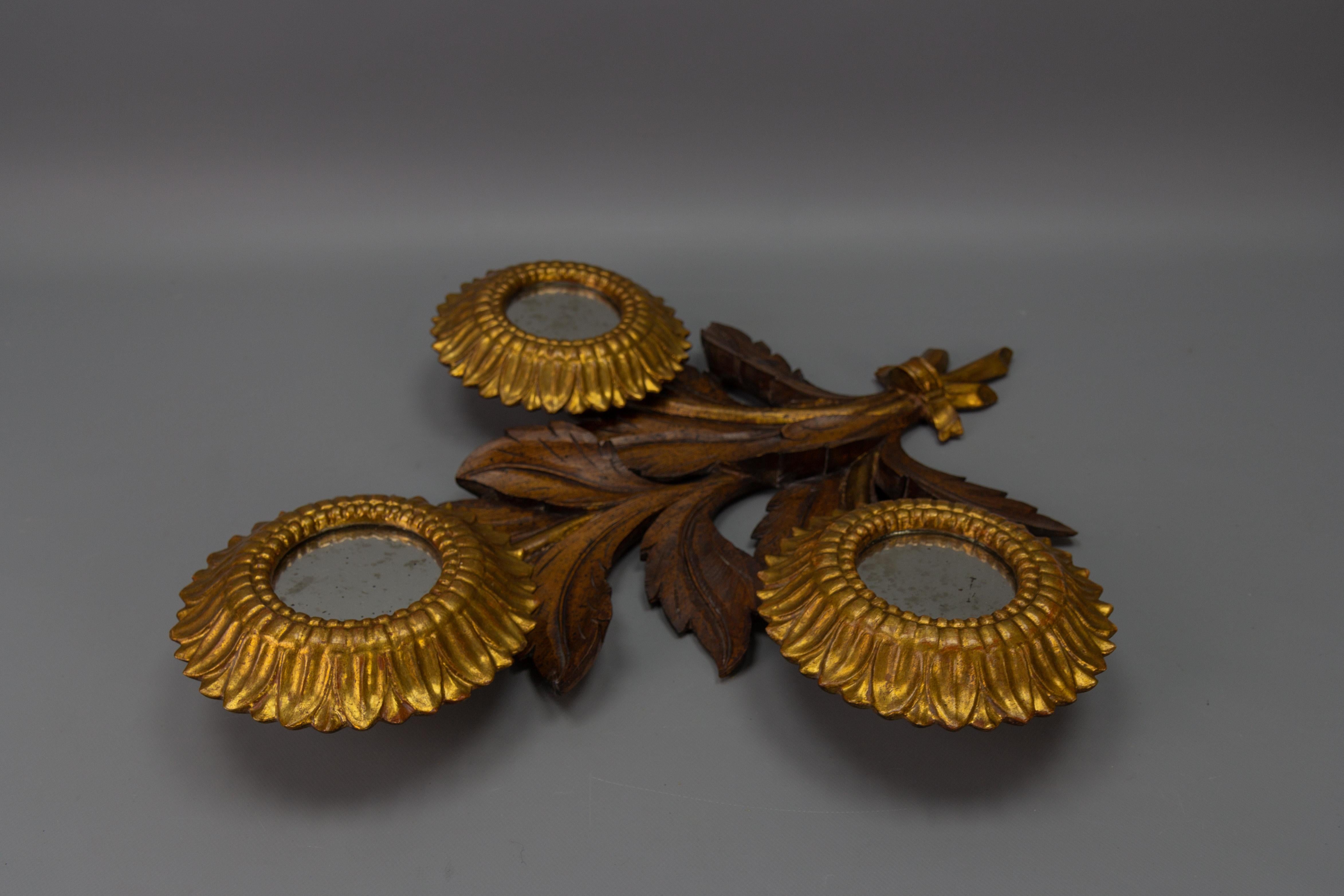 Mid-Century Carved Sunflower-Shaped Brown and Golden Wall Mirror, 1950s For Sale 3