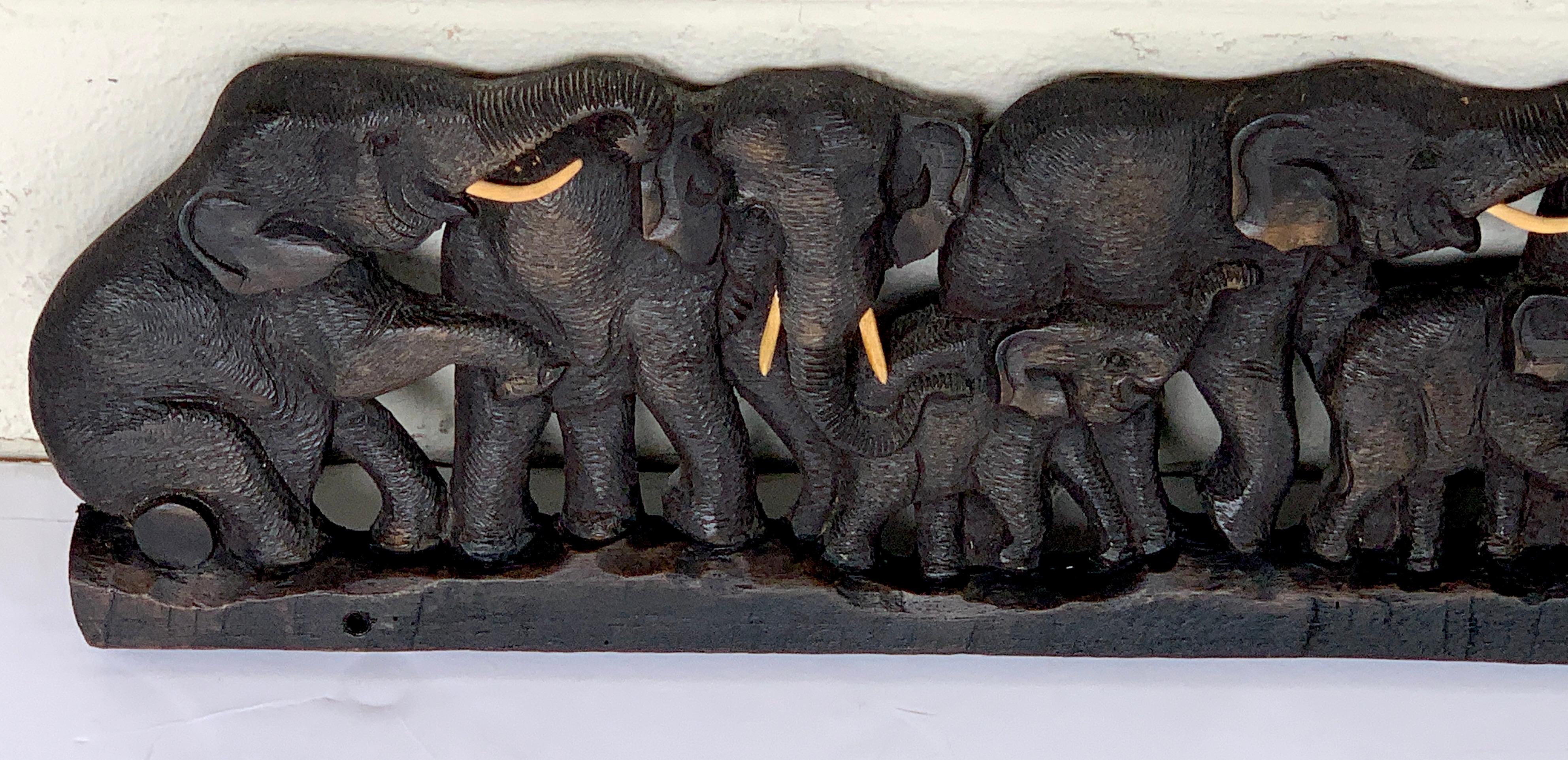 Indonesian Midcentury Carved Teakwood 9 Elephant Panel For Sale