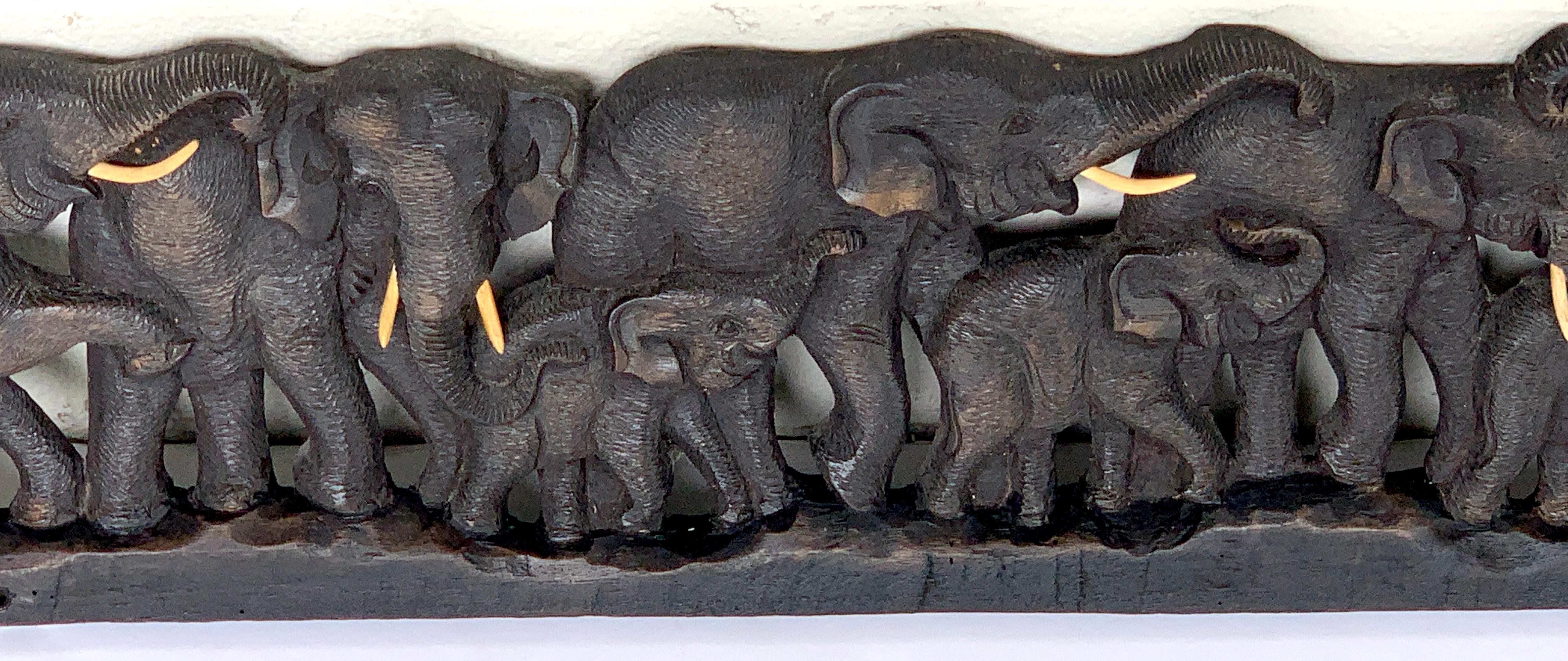 Hand-Carved Midcentury Carved Teakwood 9 Elephant Panel For Sale
