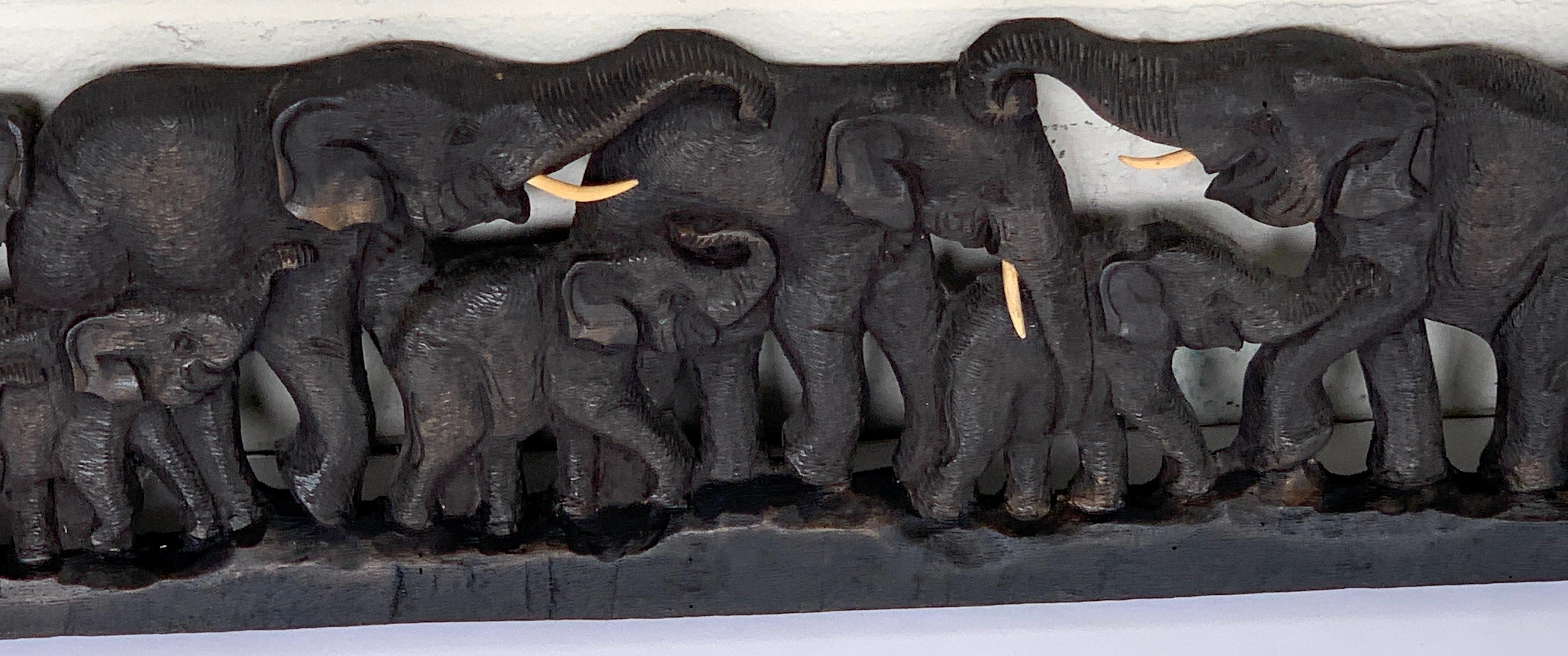 Midcentury Carved Teakwood 9 Elephant Panel In Good Condition For Sale In Atlanta, GA