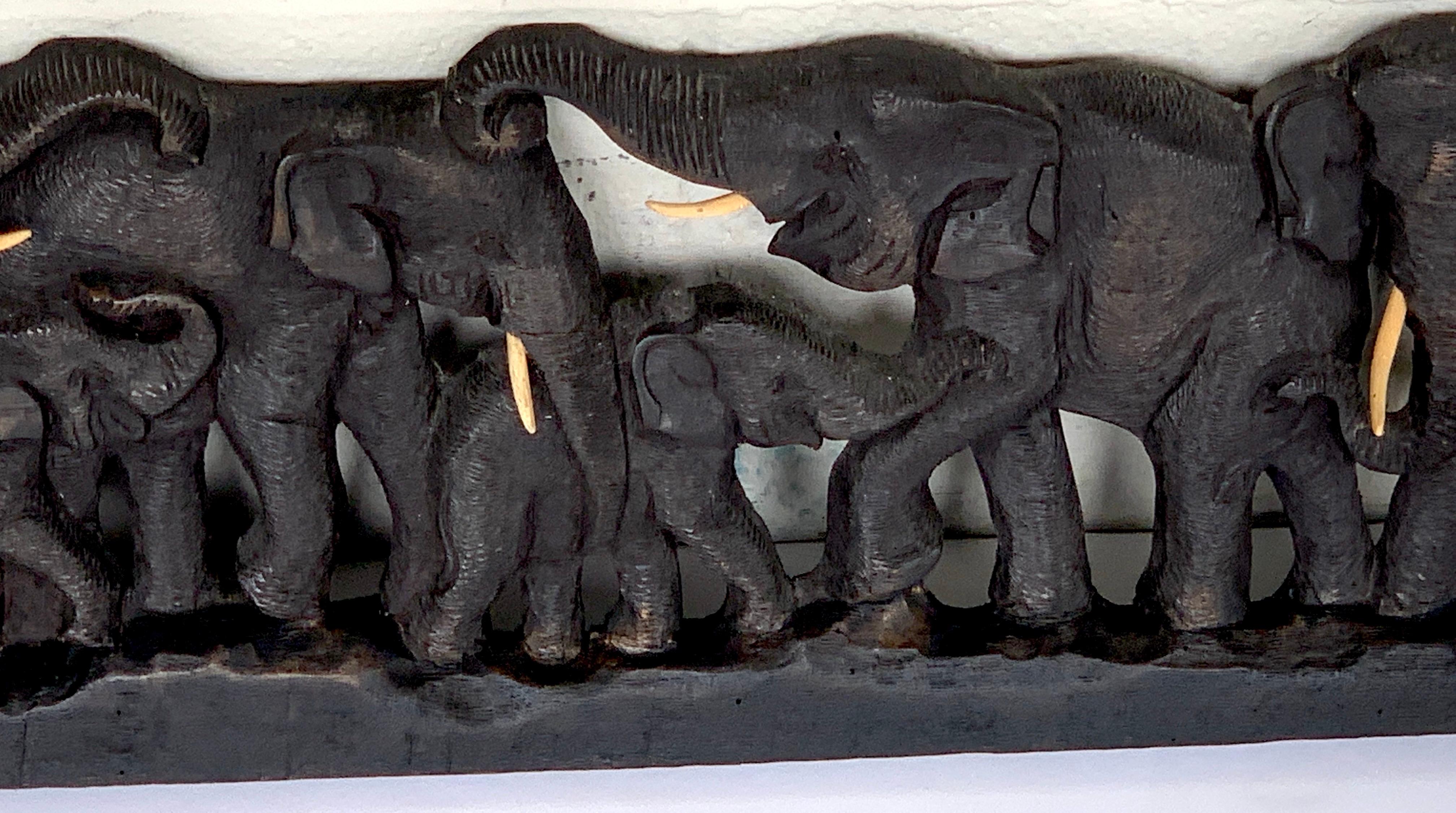 Wood Midcentury Carved Teakwood 9 Elephant Panel For Sale