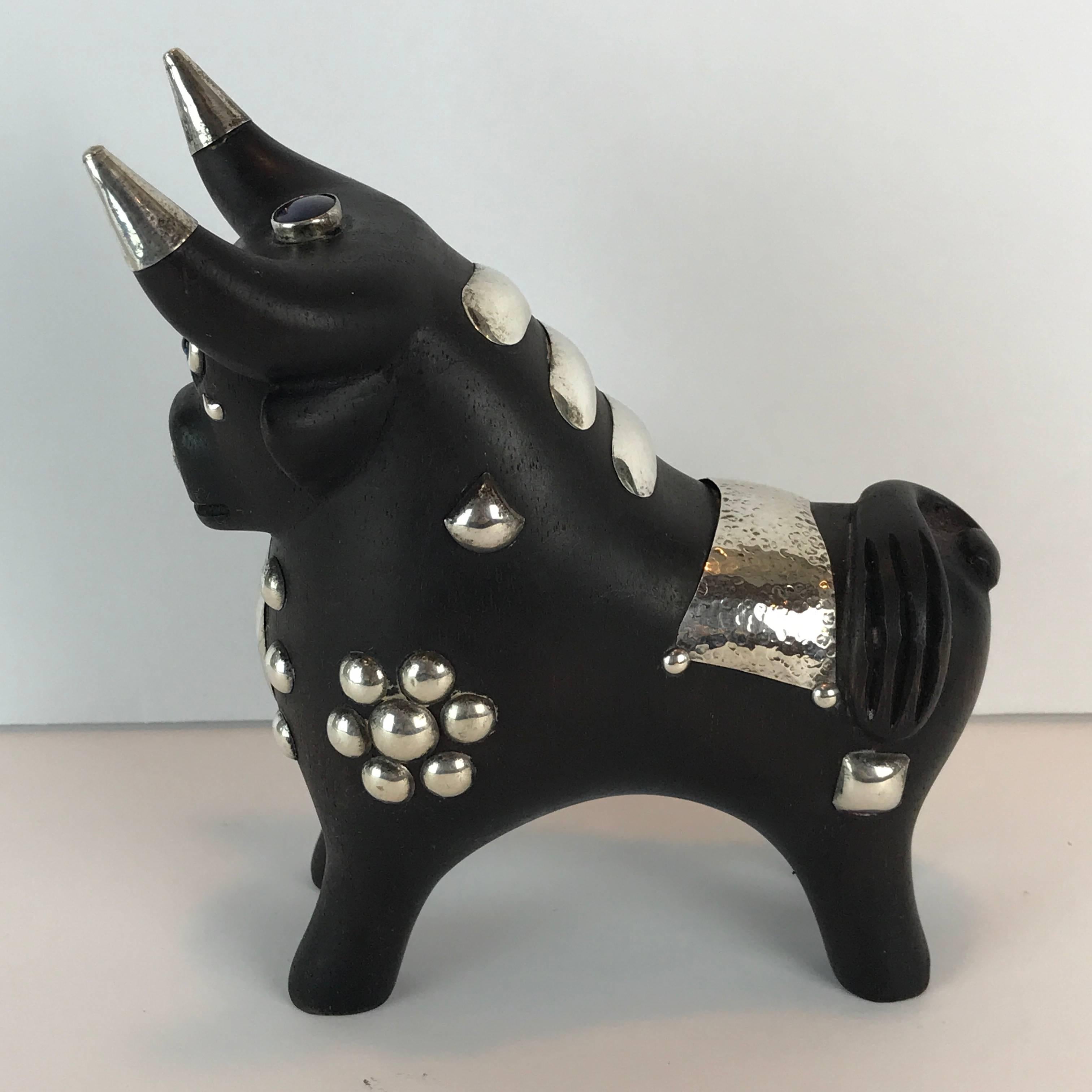 Sterling Silver Midcentury Carved Wood and Silver Taurus Bull Sculpture For Sale