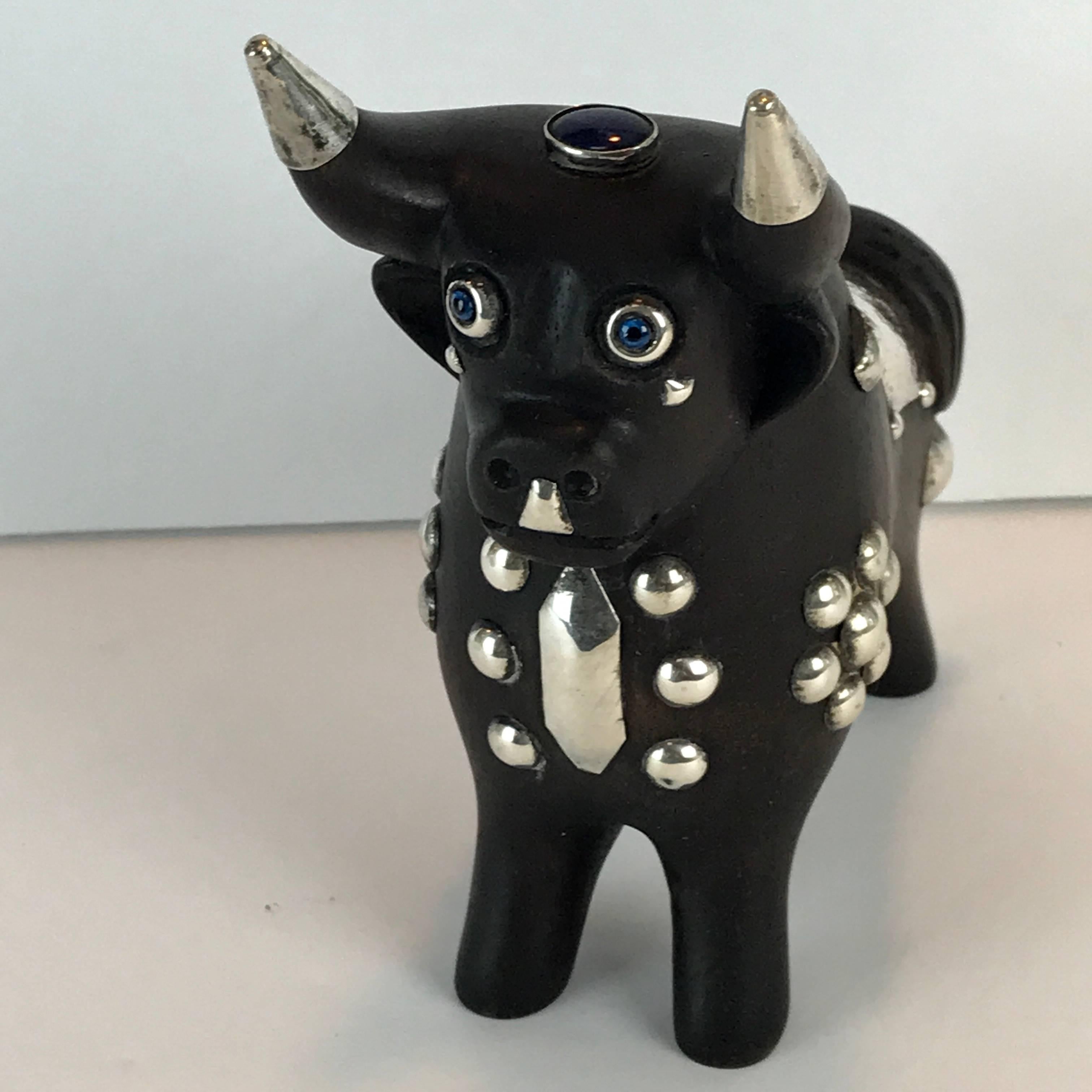 Mid-Century Modern Midcentury Carved Wood and Silver Taurus Bull Sculpture For Sale