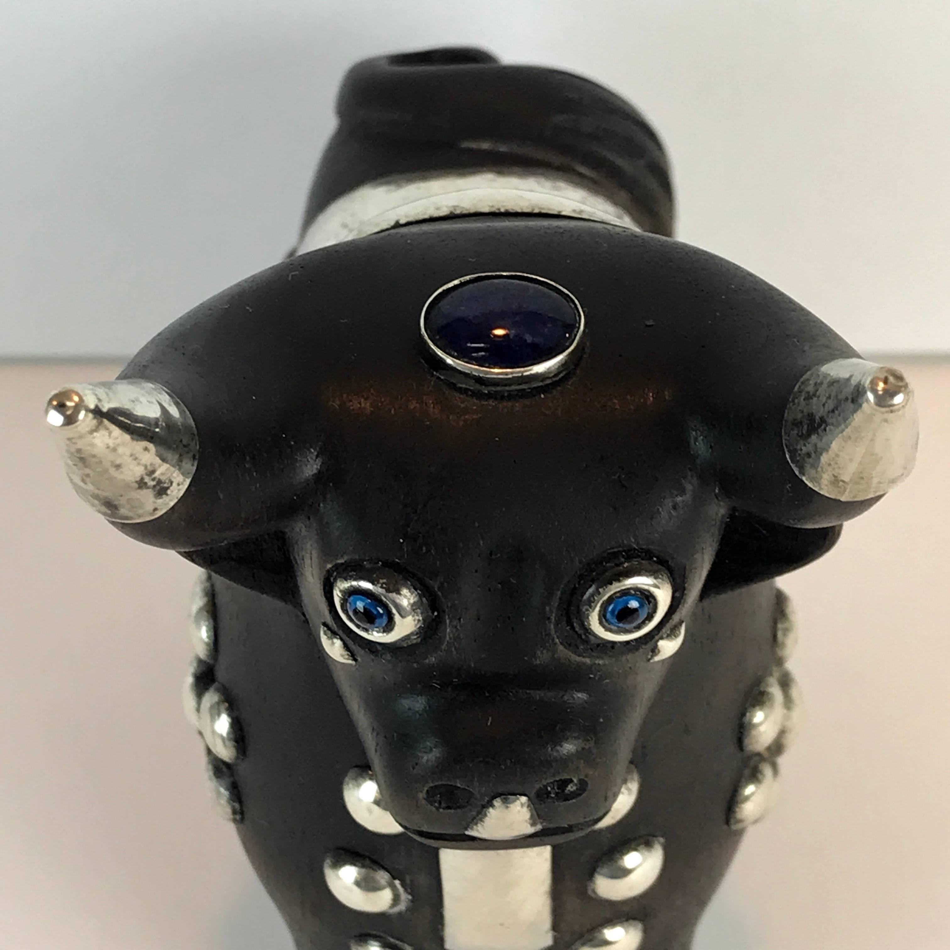 Mexican Midcentury Carved Wood and Silver Taurus Bull Sculpture For Sale
