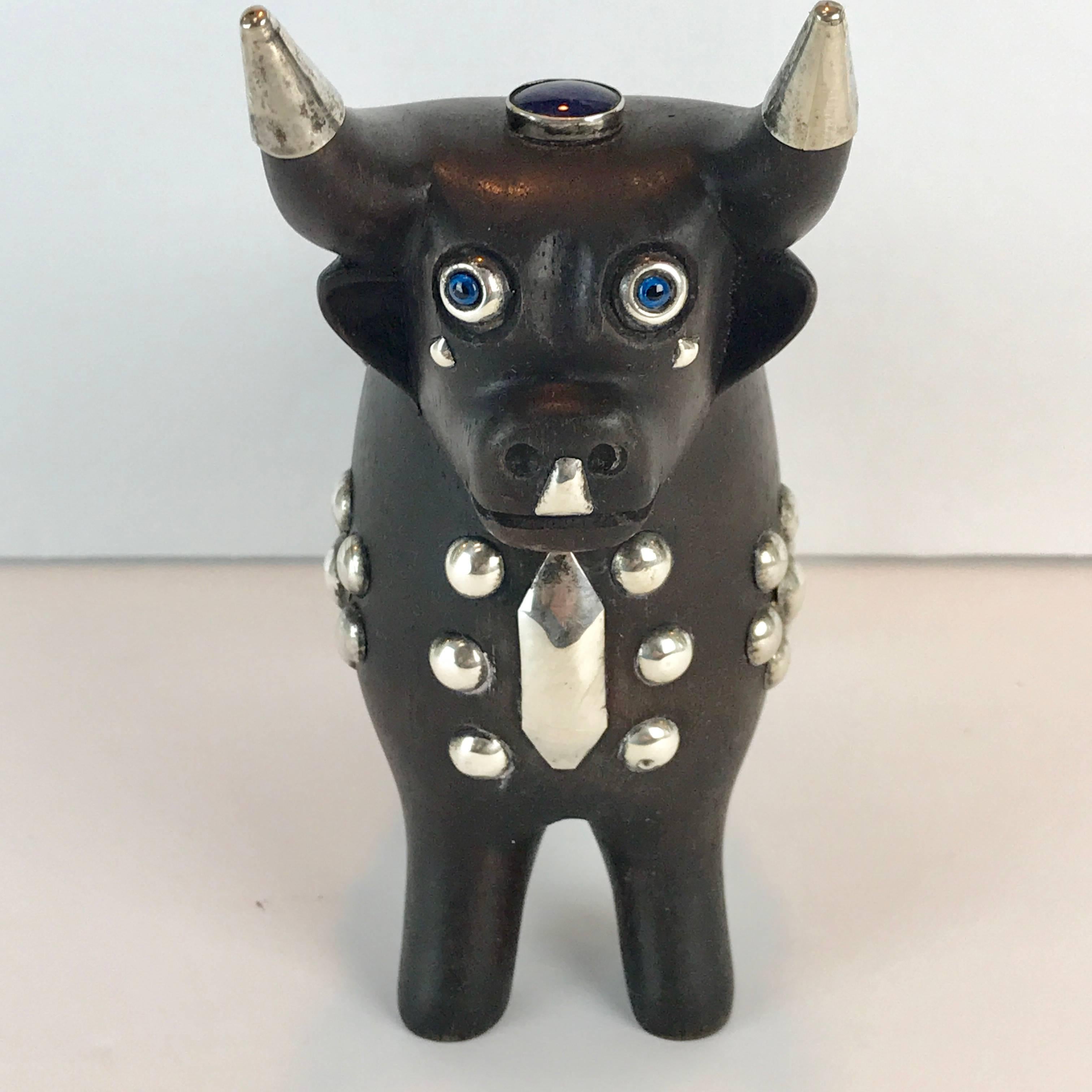 Ebonized Midcentury Carved Wood and Silver Taurus Bull Sculpture For Sale