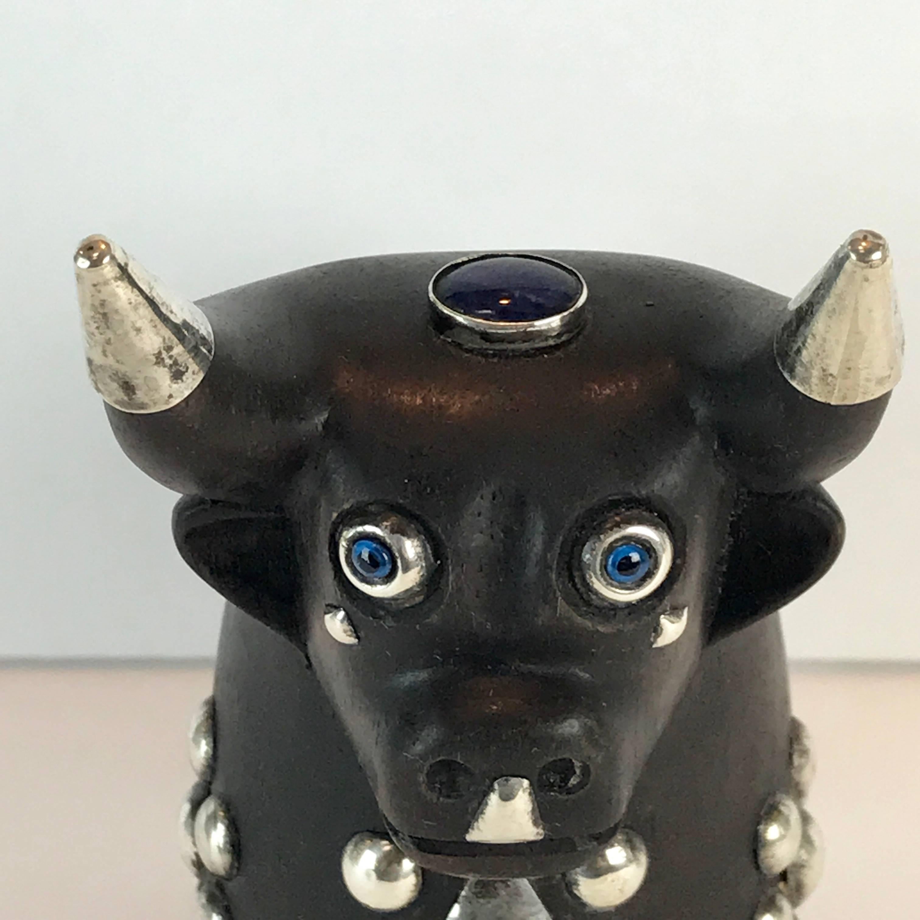 Mexican Midcentury Carved Wood and Silver Taurus Bull Sculpture For Sale