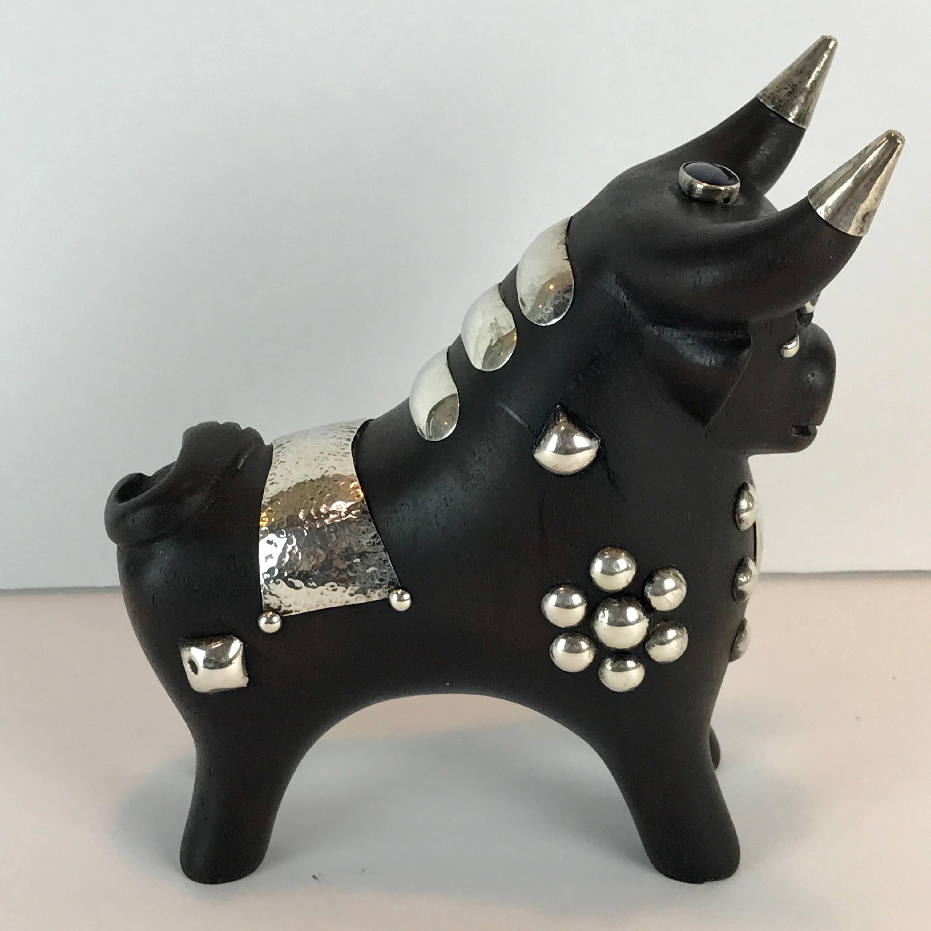 Midcentury Carved Wood and Silver Taurus Bull Sculpture For Sale 1