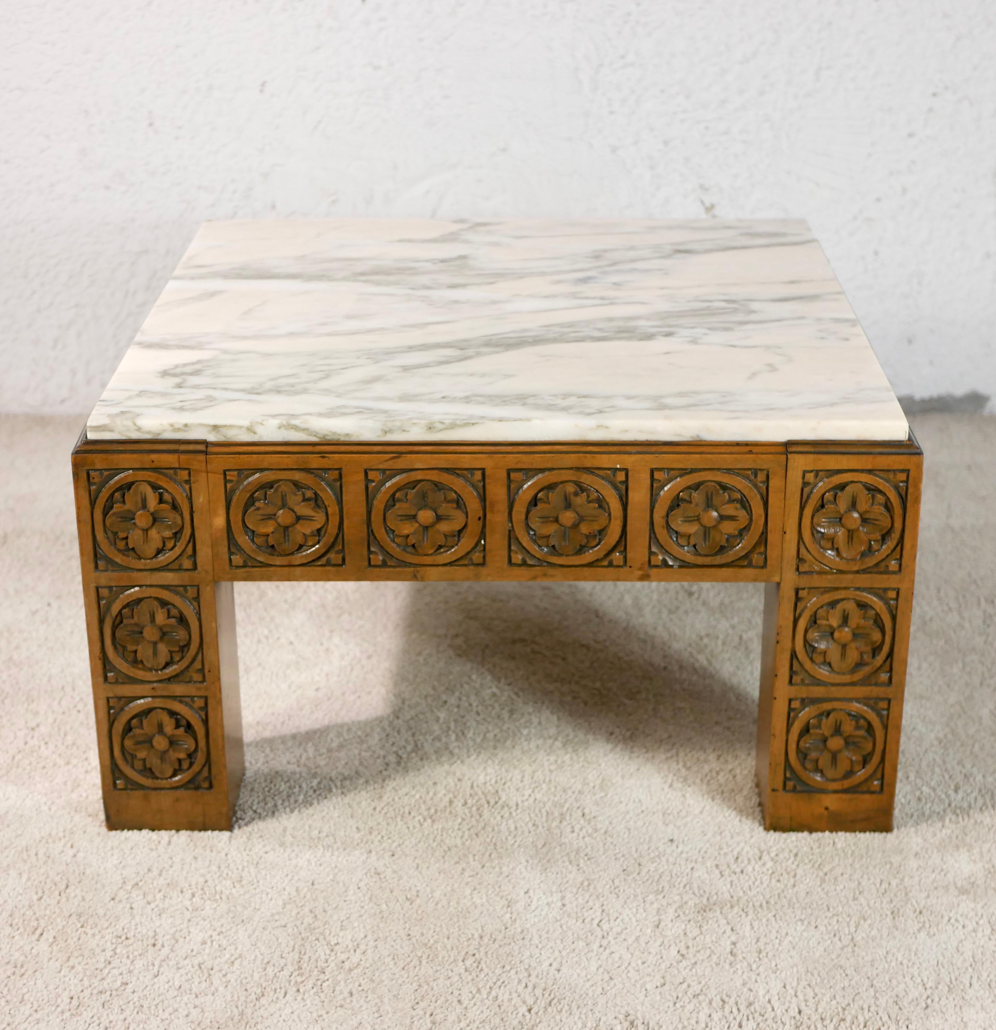 Mid-Century Modern Midcentury Carved Wood and Marble Square Coffee Table from Spain