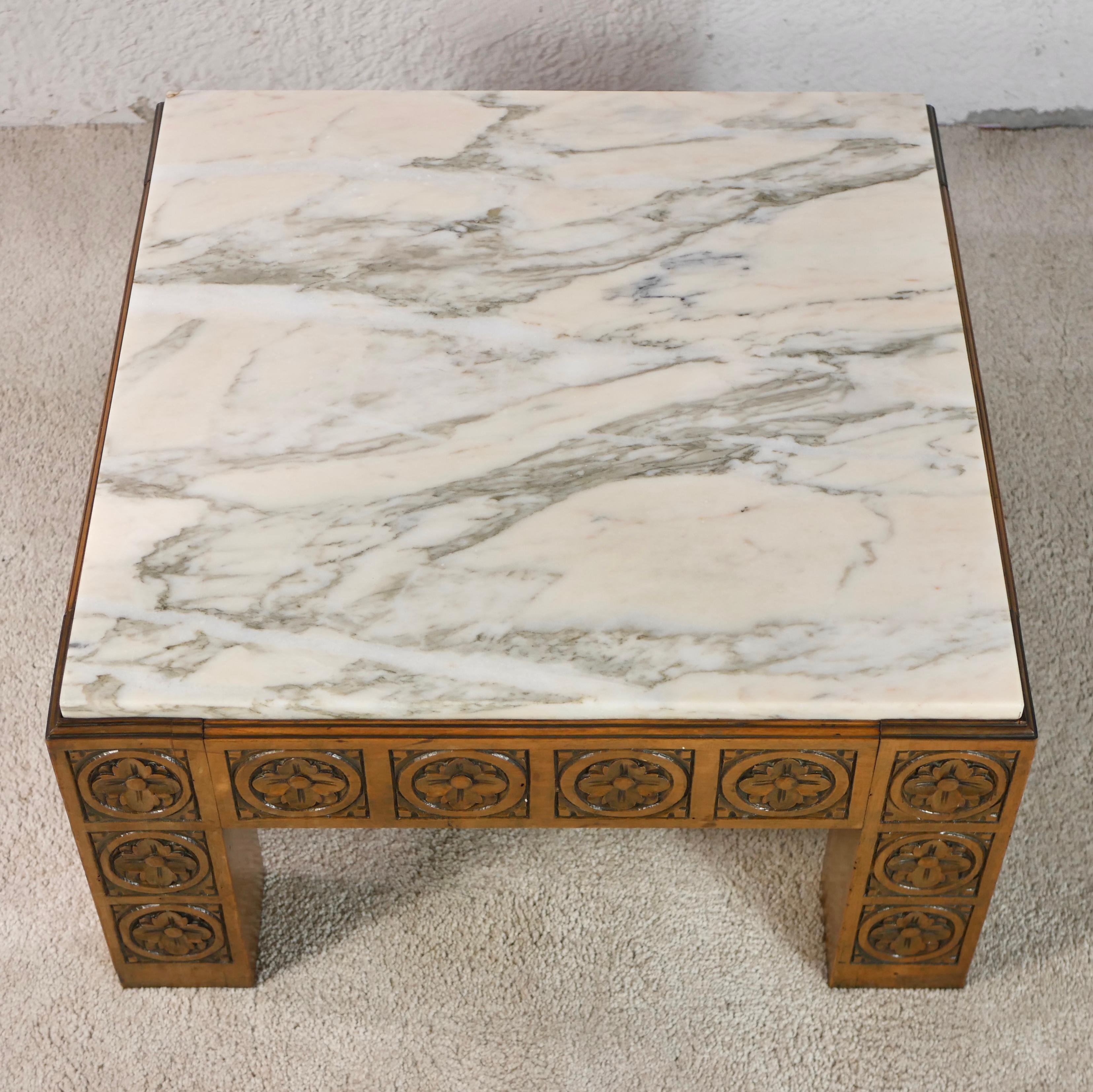 Spanish Midcentury Carved Wood and Marble Square Coffee Table from Spain