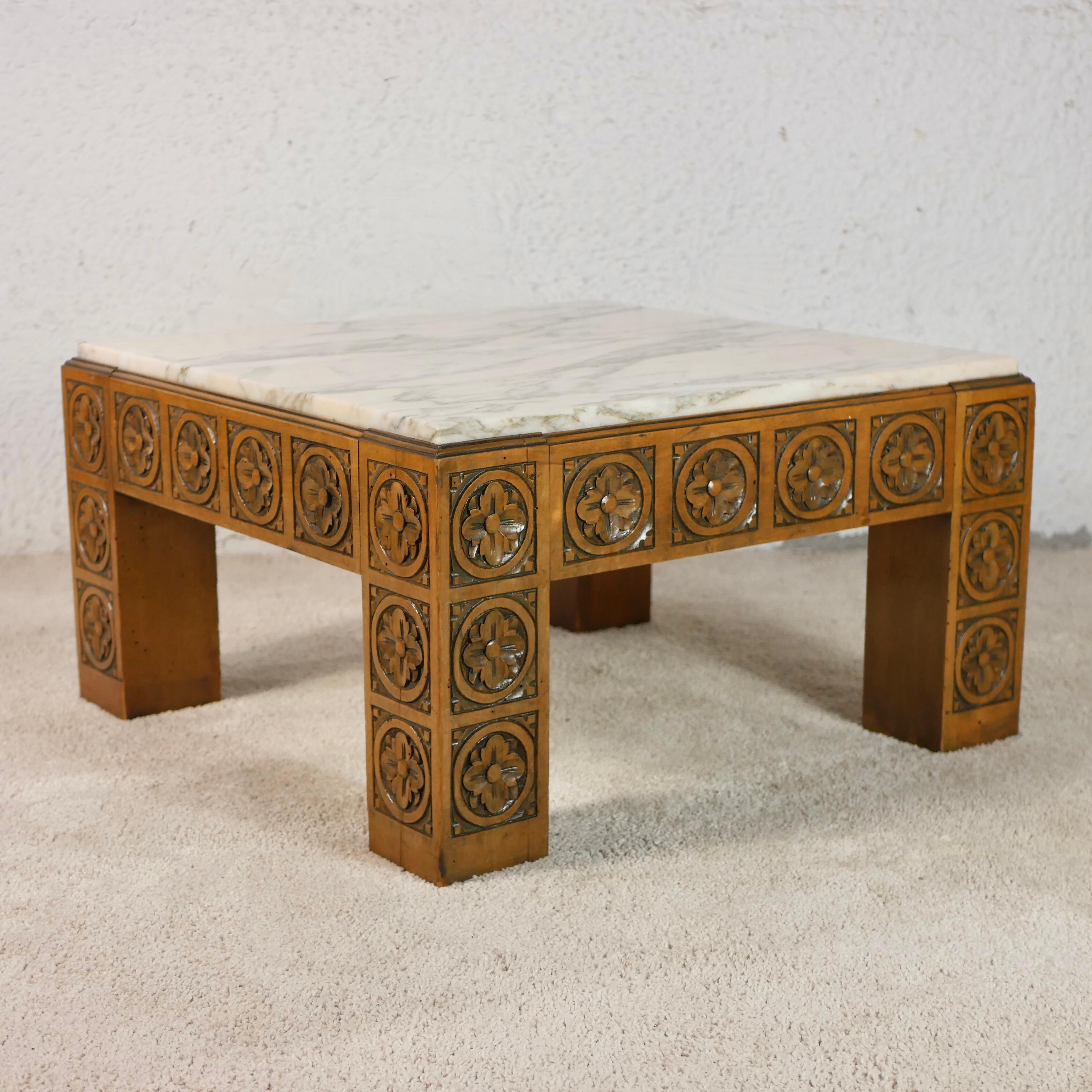 Midcentury Carved Wood and Marble Square Coffee Table from Spain In Good Condition In Lyon, FR