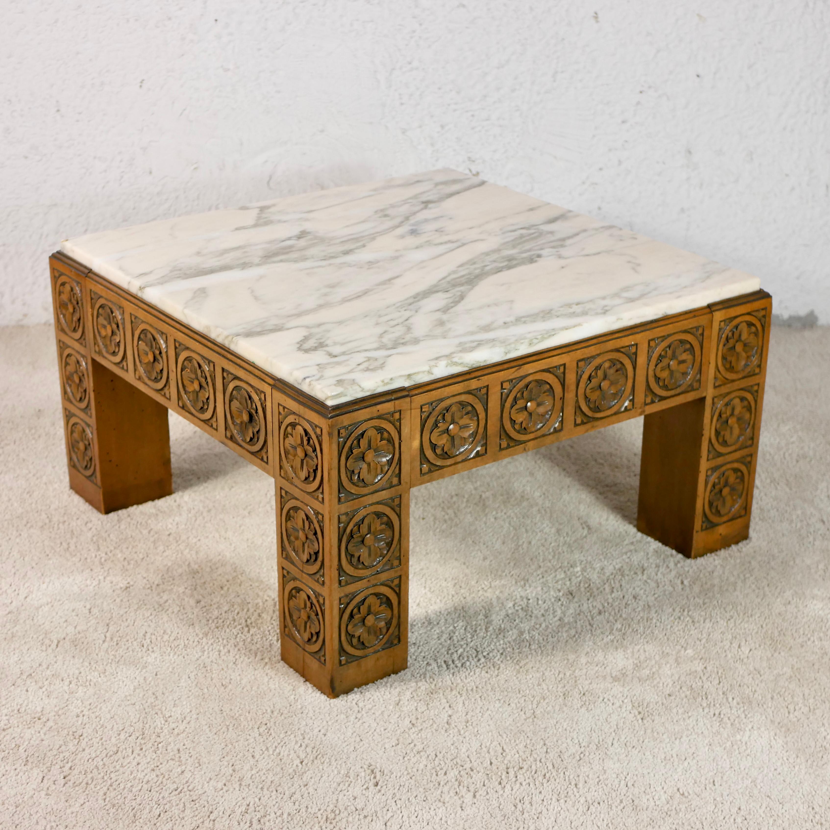 20th Century Midcentury Carved Wood and Marble Square Coffee Table from Spain