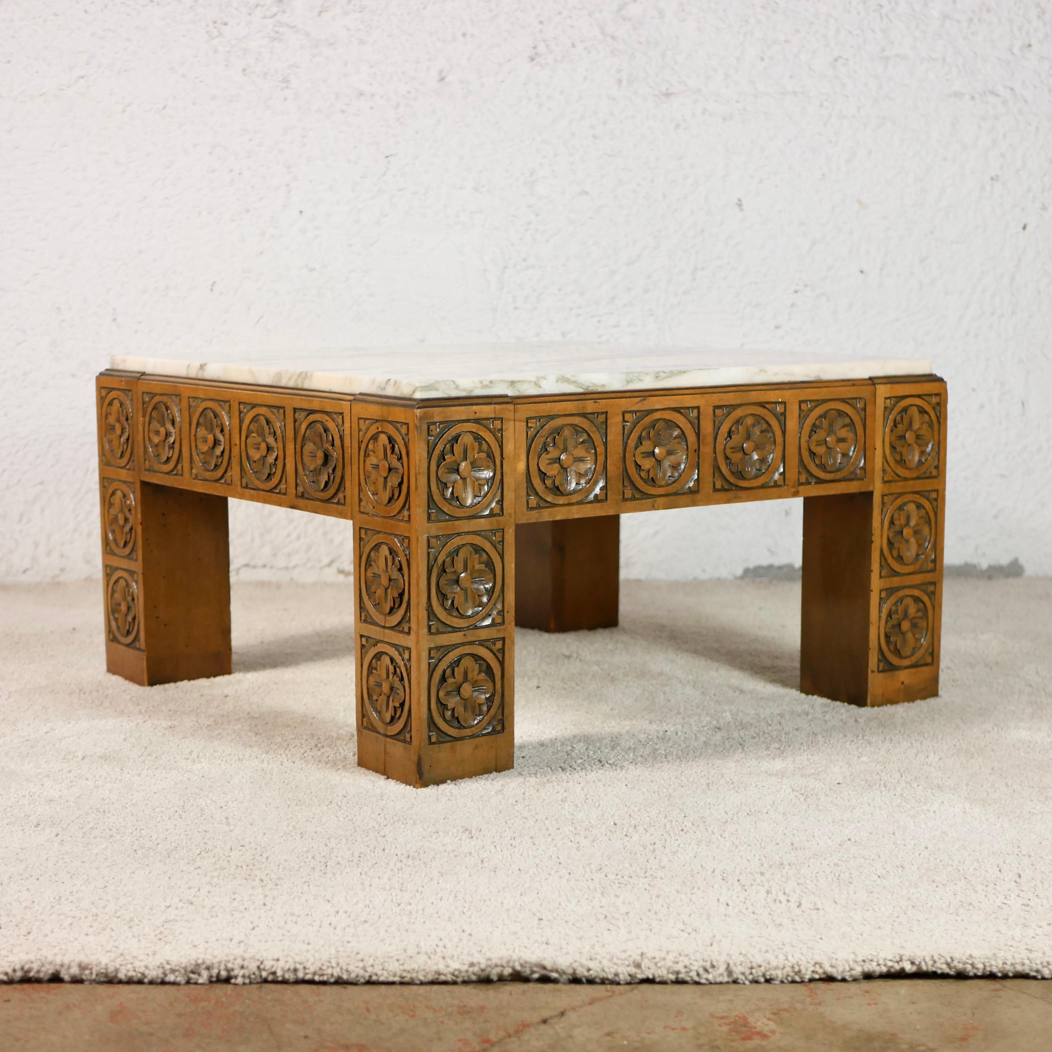 Midcentury Carved Wood and Marble Square Coffee Table from Spain 1