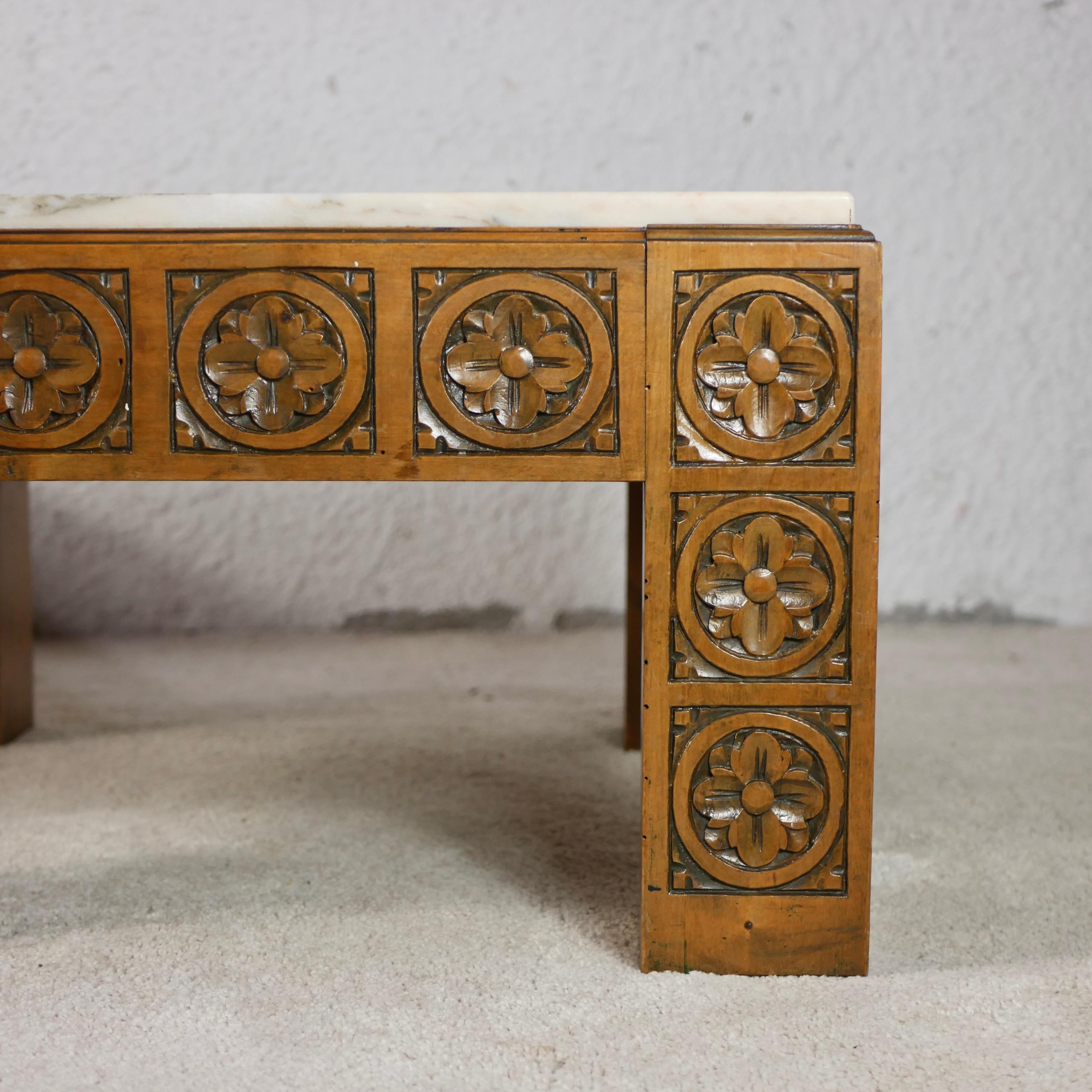Midcentury Carved Wood and Marble Square Coffee Table from Spain 2