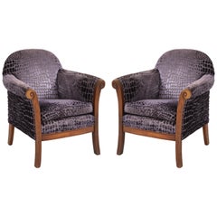 Mid Century Carved Wood Frame Chairs withPatterned Ve;vet