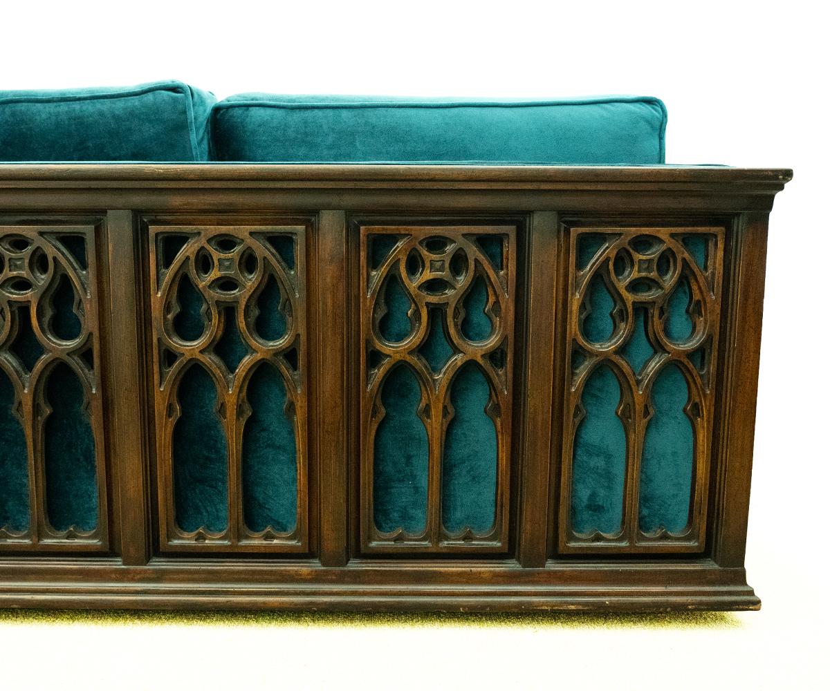 Midcentury Carved Wood Frame Gothic Style Three-Seat Sofa For Sale 1