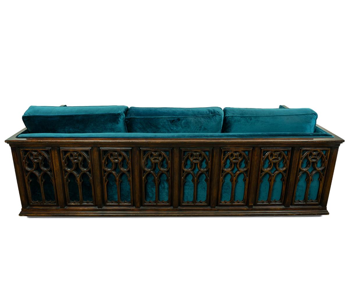 European Midcentury Carved Wood Frame Gothic Style Three-Seat Sofa For Sale