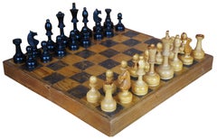 Mid Century Carved Wood Full Size Portable Travel Chess Set Board & Pieces