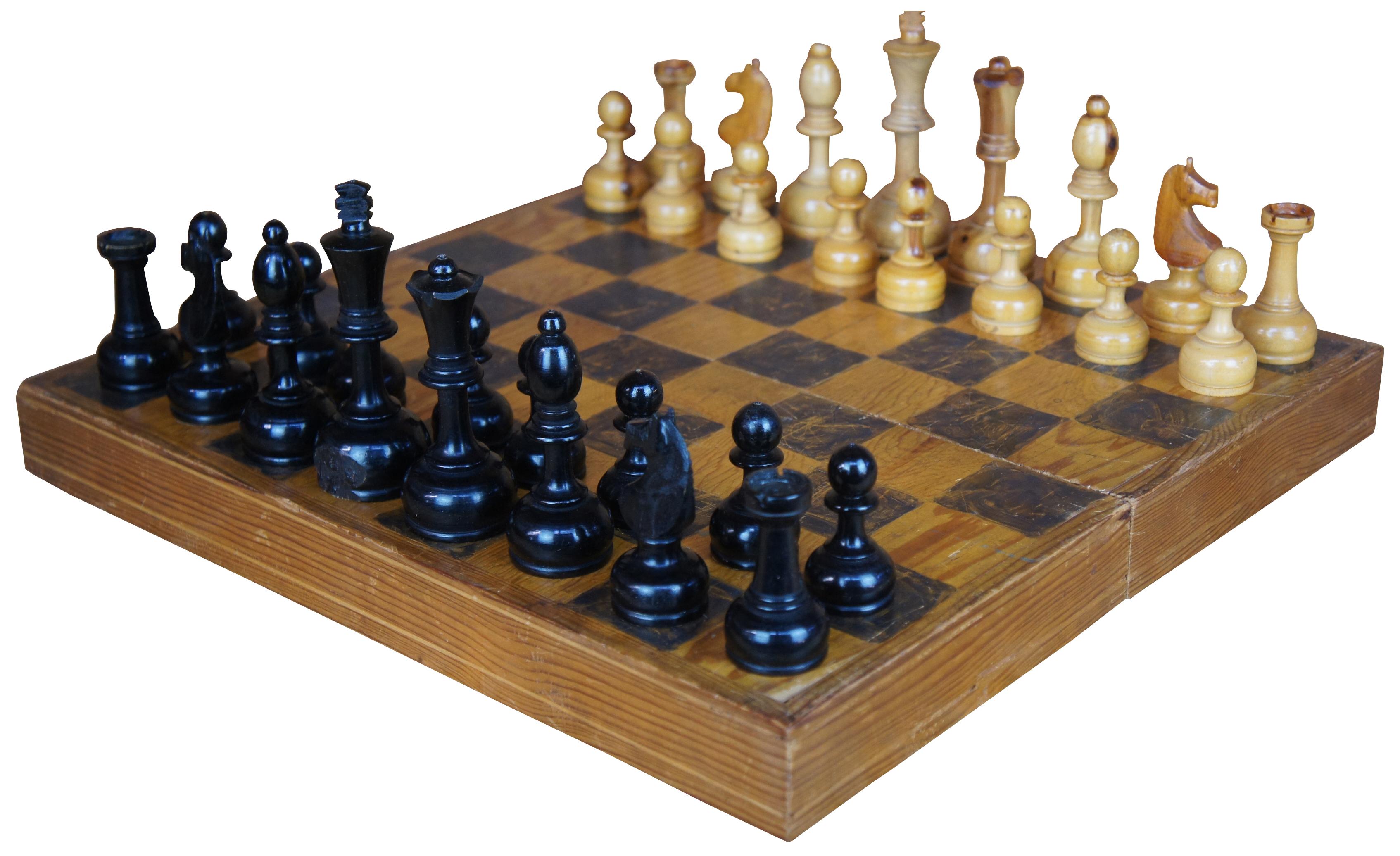 Mid-Century Modern Mid Century Carved Wood Full Size Portable Travel Chess Set Board & Pieces