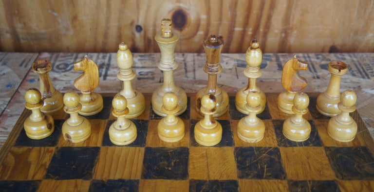 Mid Century Carved Wood Full Size Portable Travel Chess Set Board And 