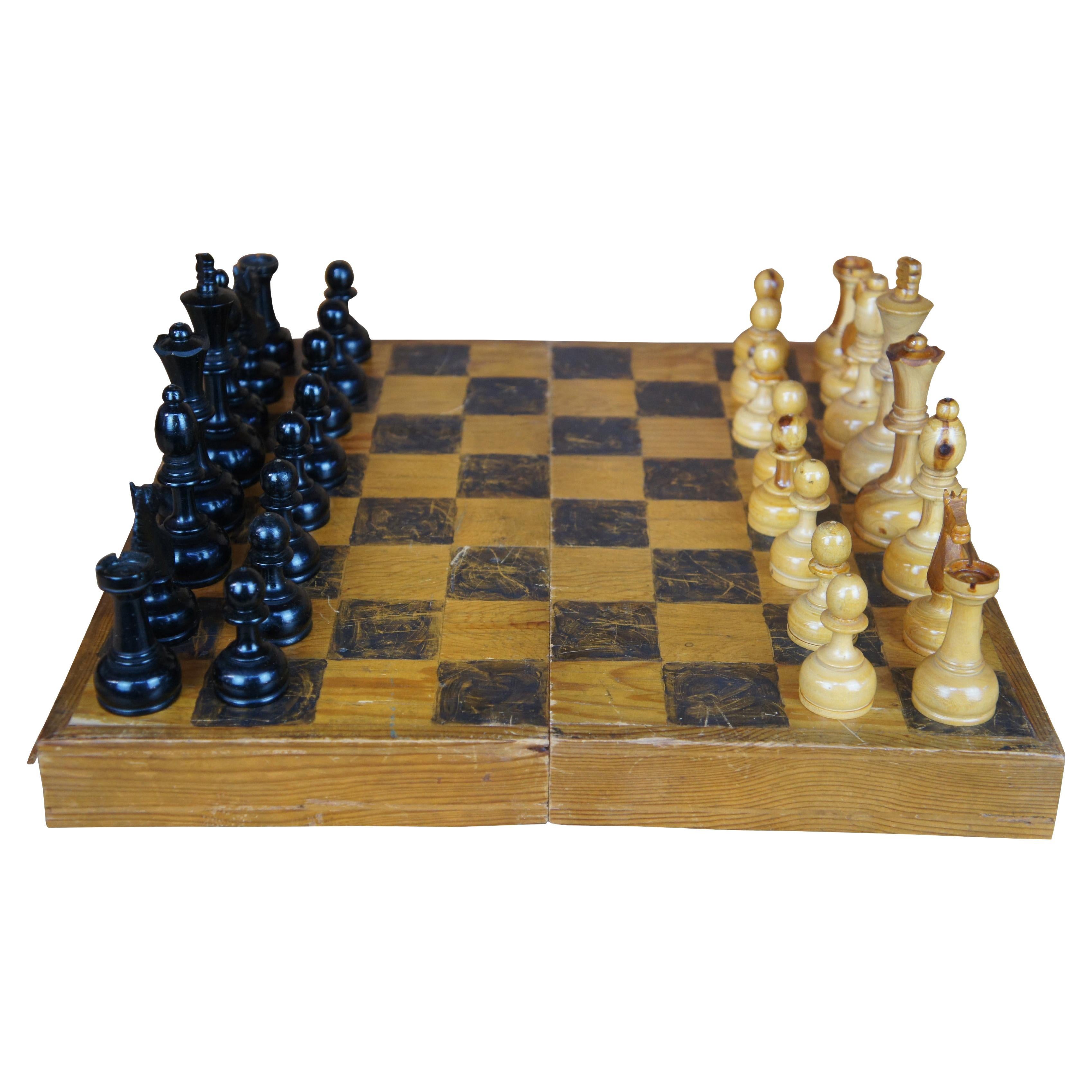 Mid Century Carved Wood Full Size Portable Travel Chess Set Board & Pieces