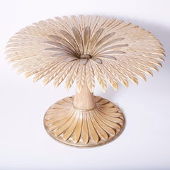 Midcentury Carved Wood Round Dining Table with Glass Top