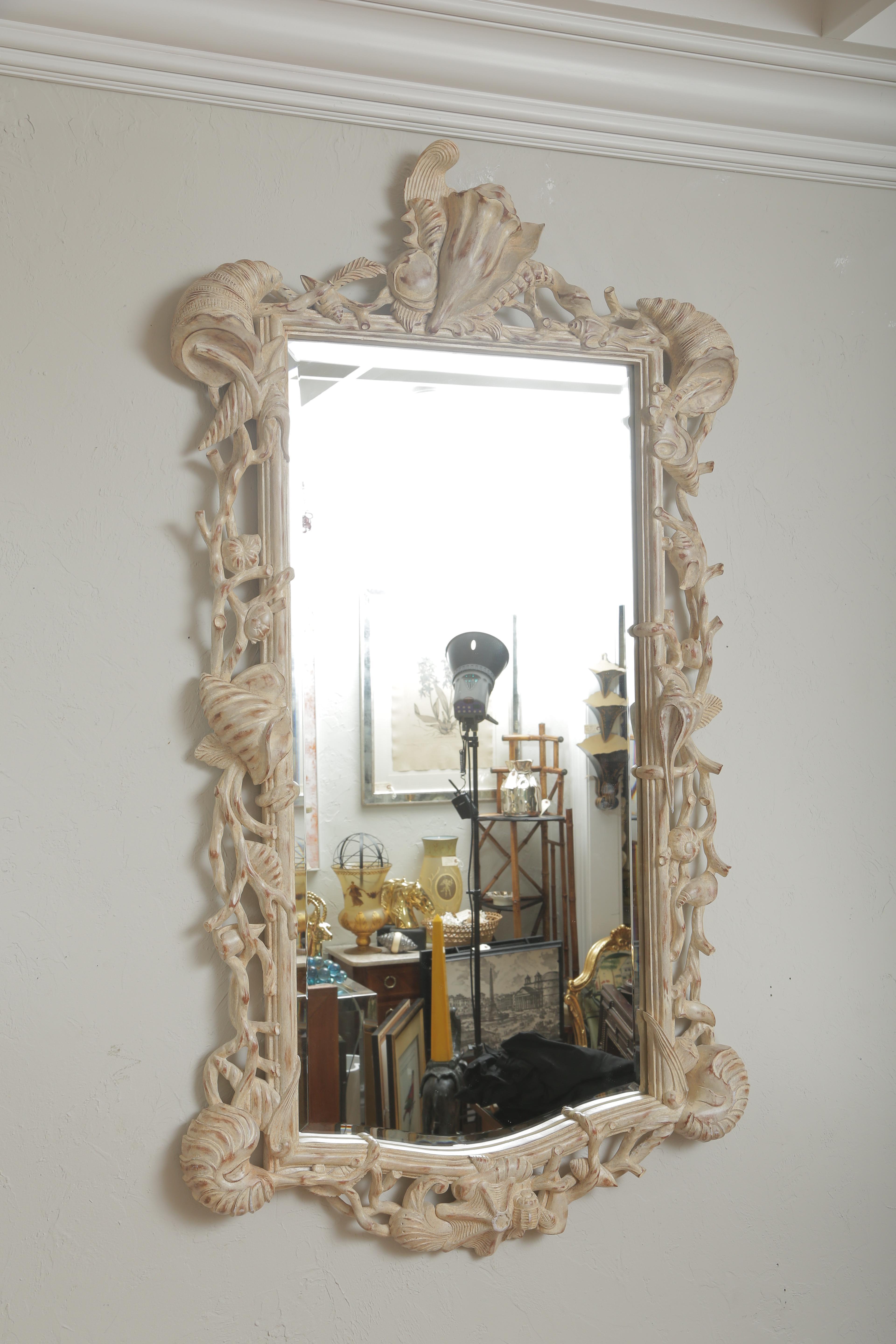 Italian Hollywood Regency Carved Wood Shell Mirror