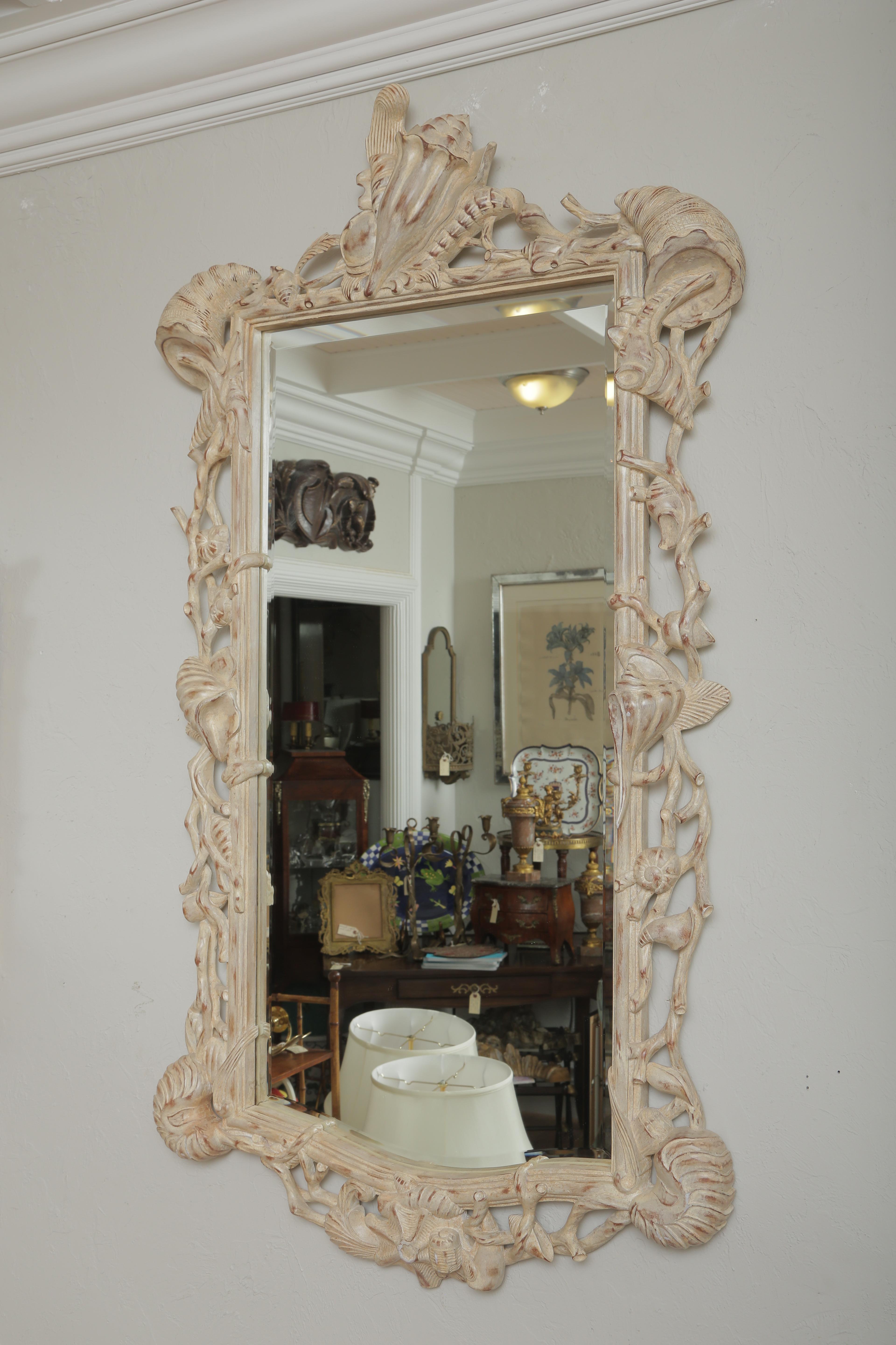 Hollywood Regency Carved Wood Shell Mirror In Good Condition In West Palm Beach, FL