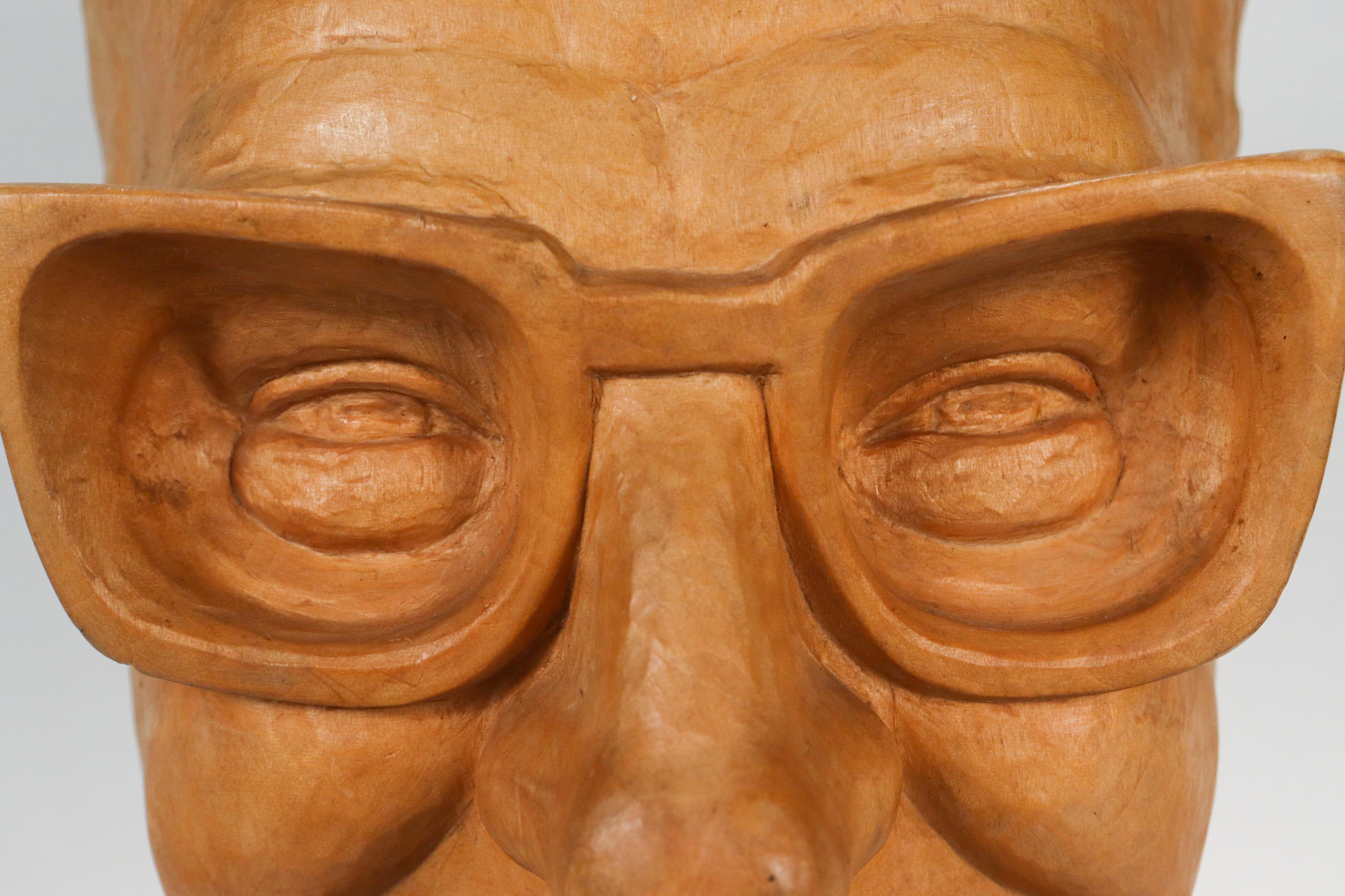 Mid-Century Carved Wooden Bust or Sculpture of a Man with Glasses by T. Stasiak In Good Condition In Philadelphia, PA