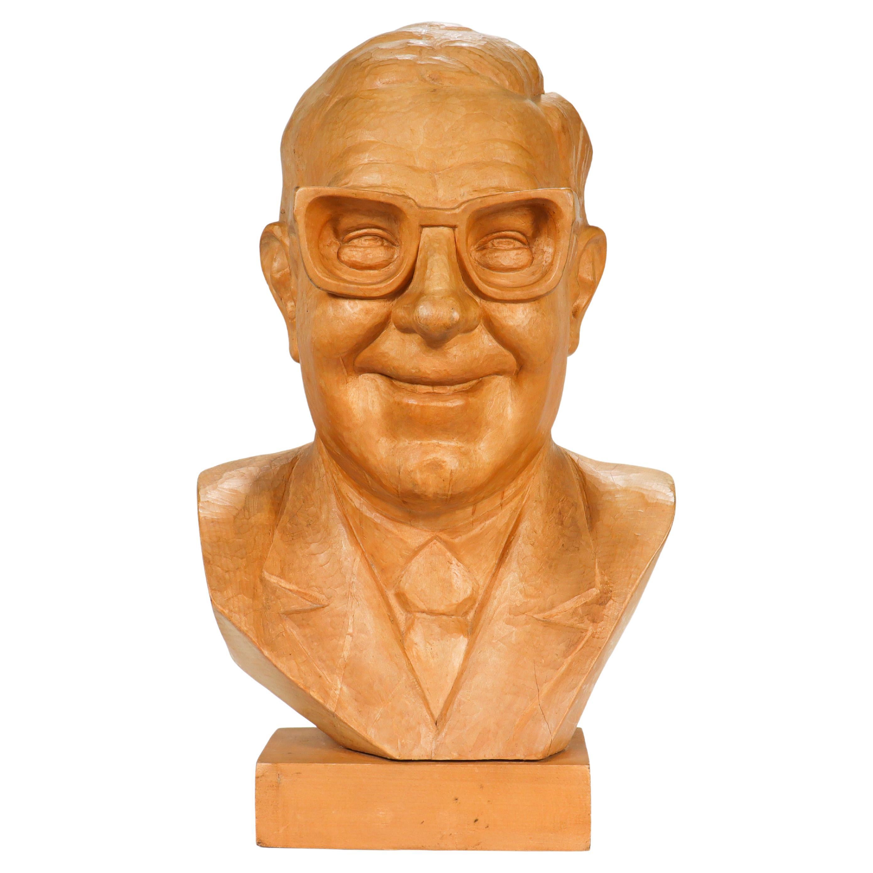 Mid-Century Carved Wooden Bust or Sculpture of a Man with Glasses by T. Stasiak