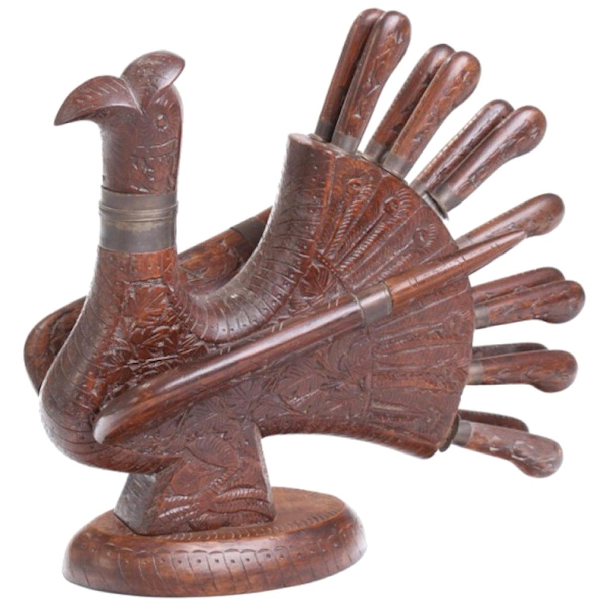Midcentury Carved Wooden Figural Turkey Carving Set For Sale
