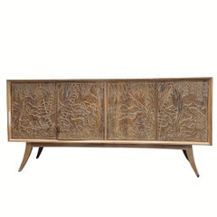 Mid-century carved wooden sideboard or cabinet by Rafael Garcia workshop