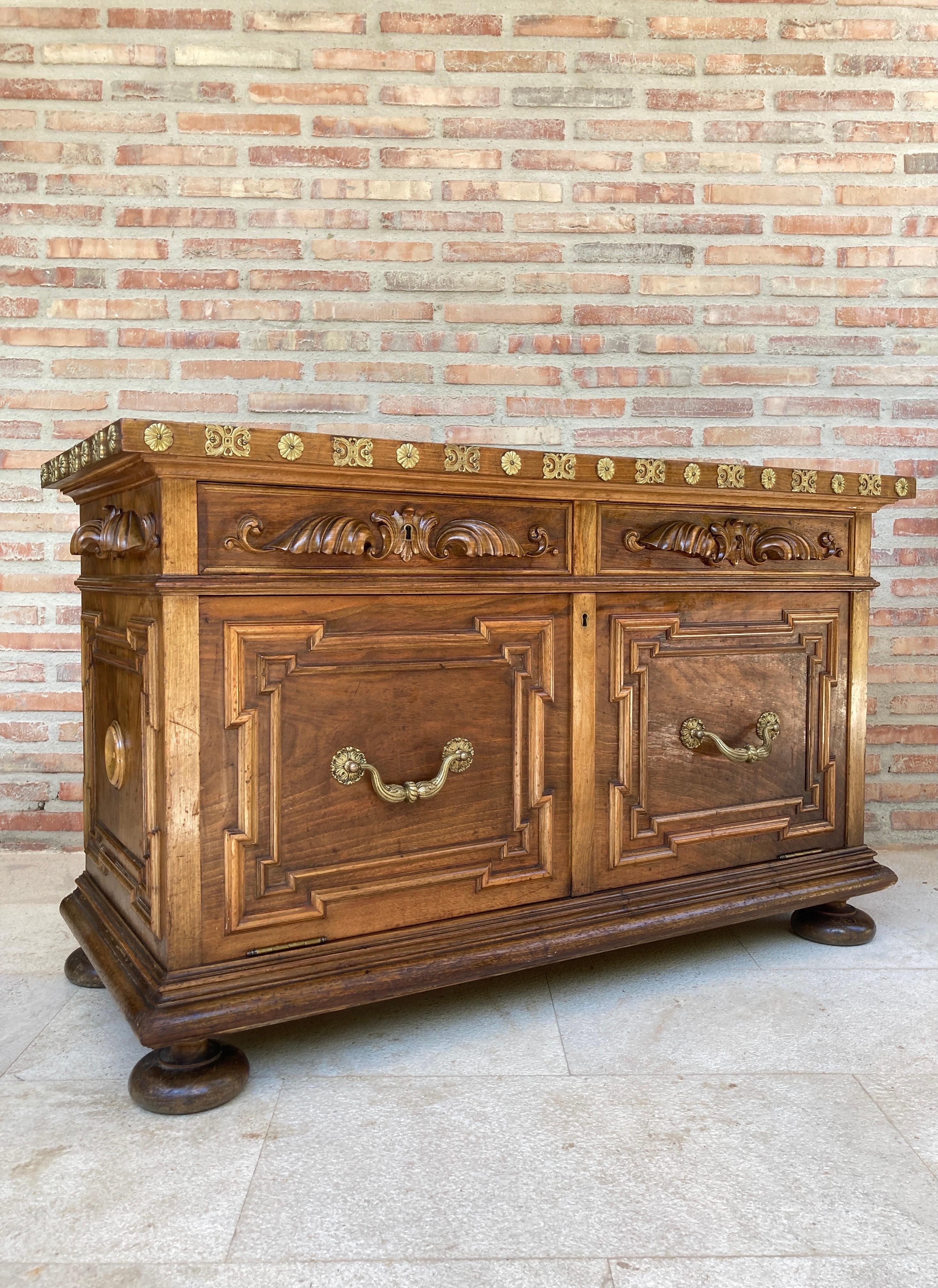 Baroque Mid-Century Carved Wooden Sideboard with 2 Drawers and Door For Sale