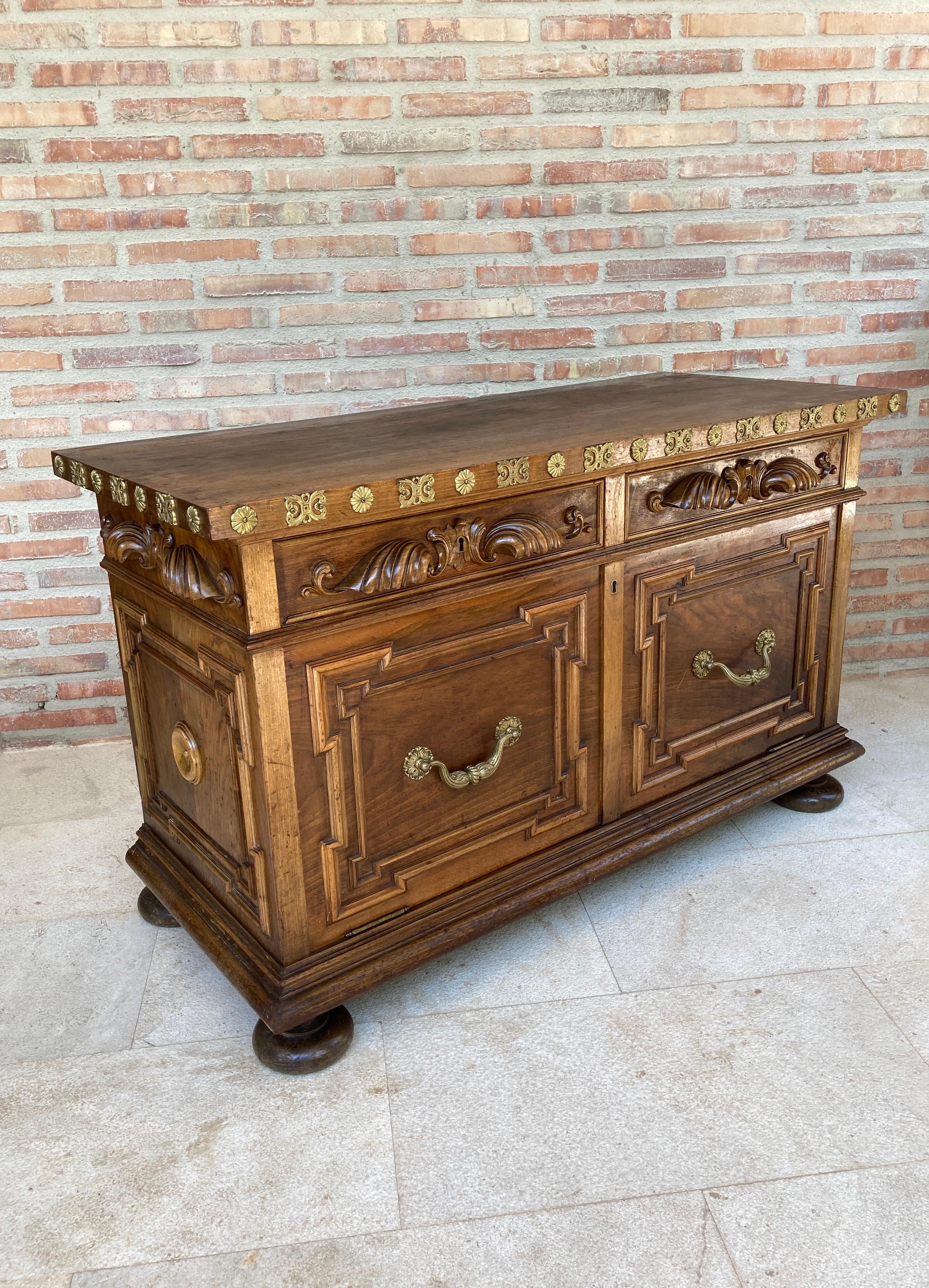 Spanish Mid-Century Carved Wooden Sideboard with 2 Drawers and Door For Sale