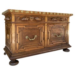 Credenza in legno intagliato di metà secolo con 2 cassetti e anta