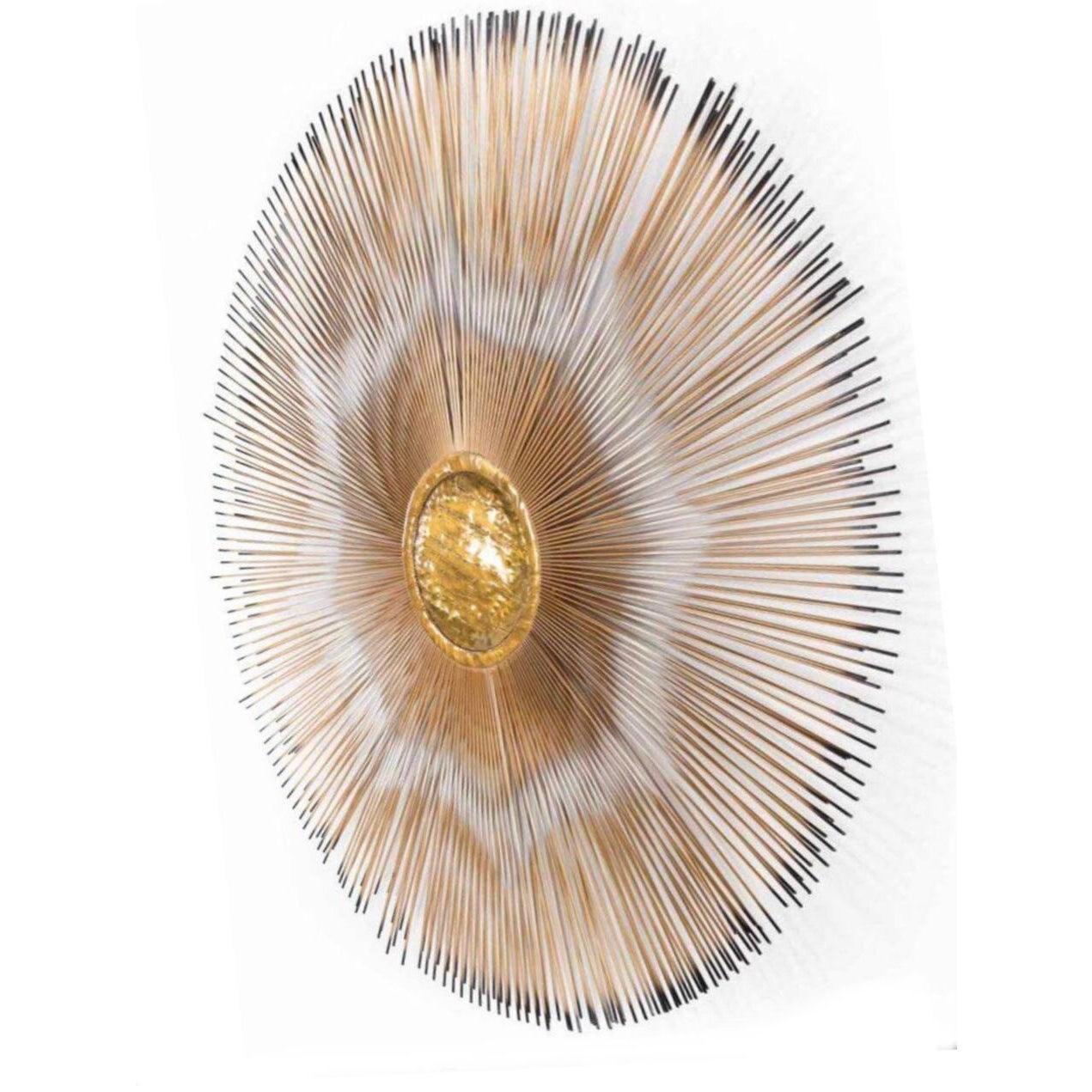 1960er Jahre Vintage Mid-Century Casa DeVall 2-Tier Kupfer & Messing Brutalist Metall Sunburst Wandskulptur

Prächtige, fokale, große, zweistöckige Sunburst-Wandskulptur, handsigniert vom Künstler Devall, für Casa Devall 

Die Speichen sind