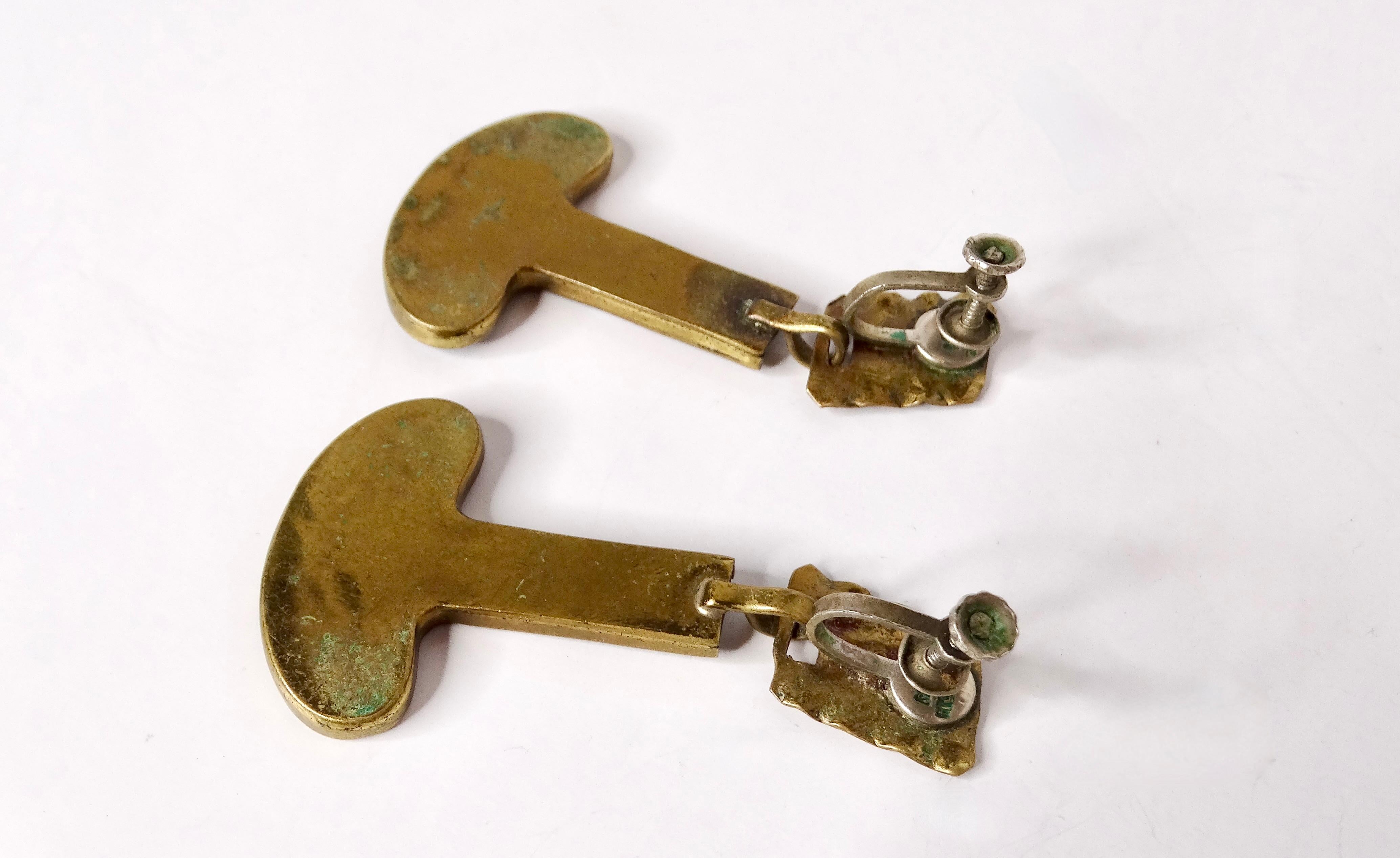 Mid-Century Casa Maya Hammered Brass Modernist Earrings In Fair Condition For Sale In Scottsdale, AZ