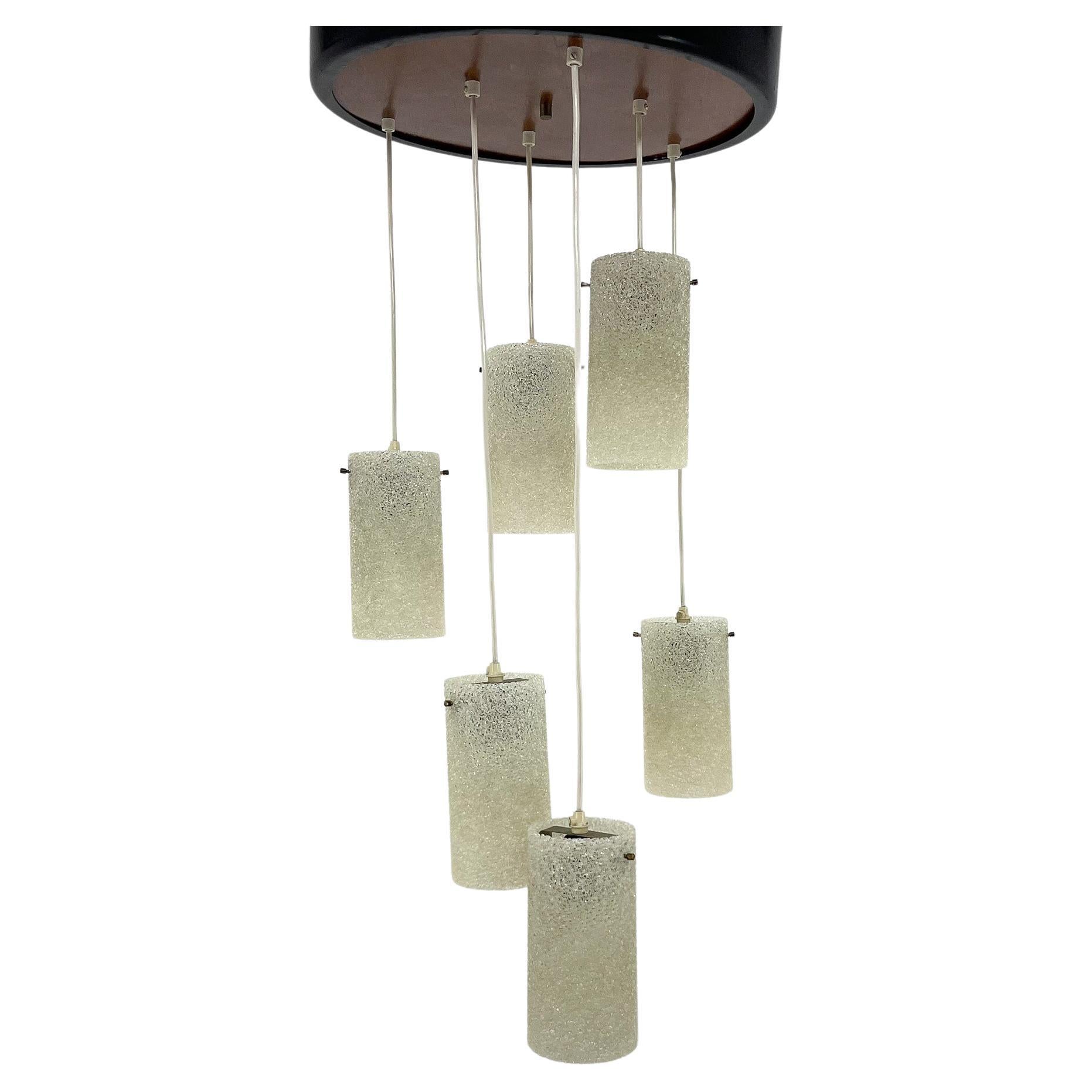 Mid-Century Cascade Wood & Crushed Plastic Pendant Light, 1970's For Sale