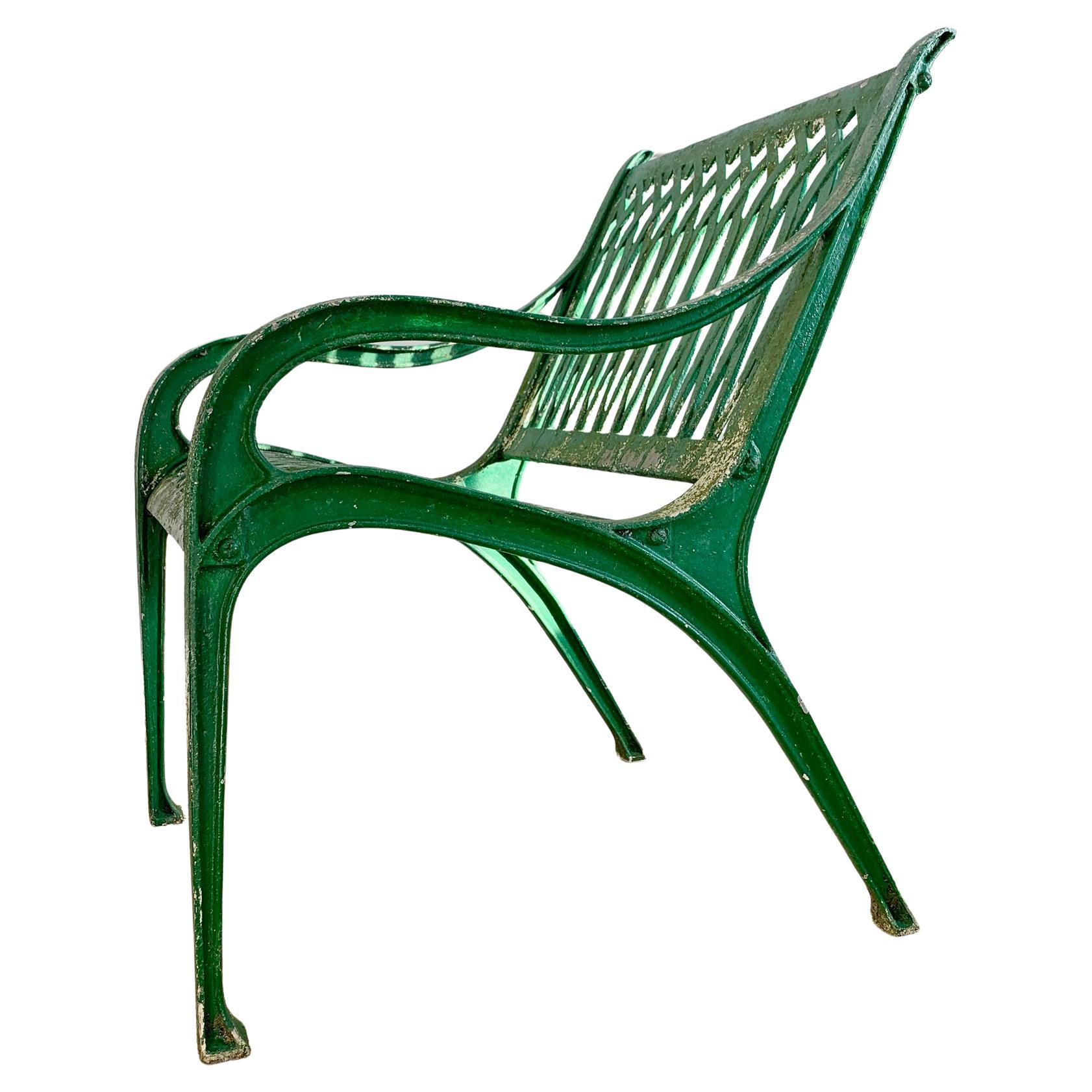 Great looking garden or Orangery chair, cast in aluminium and painted in Emerald green. English circa 1950.

Height 82cm x Width 60cm x Depth 67cm

Seat Height 45cm