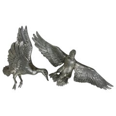 Vintage Mid Century Cast Aluminum Wall Mounted Ducks Pair