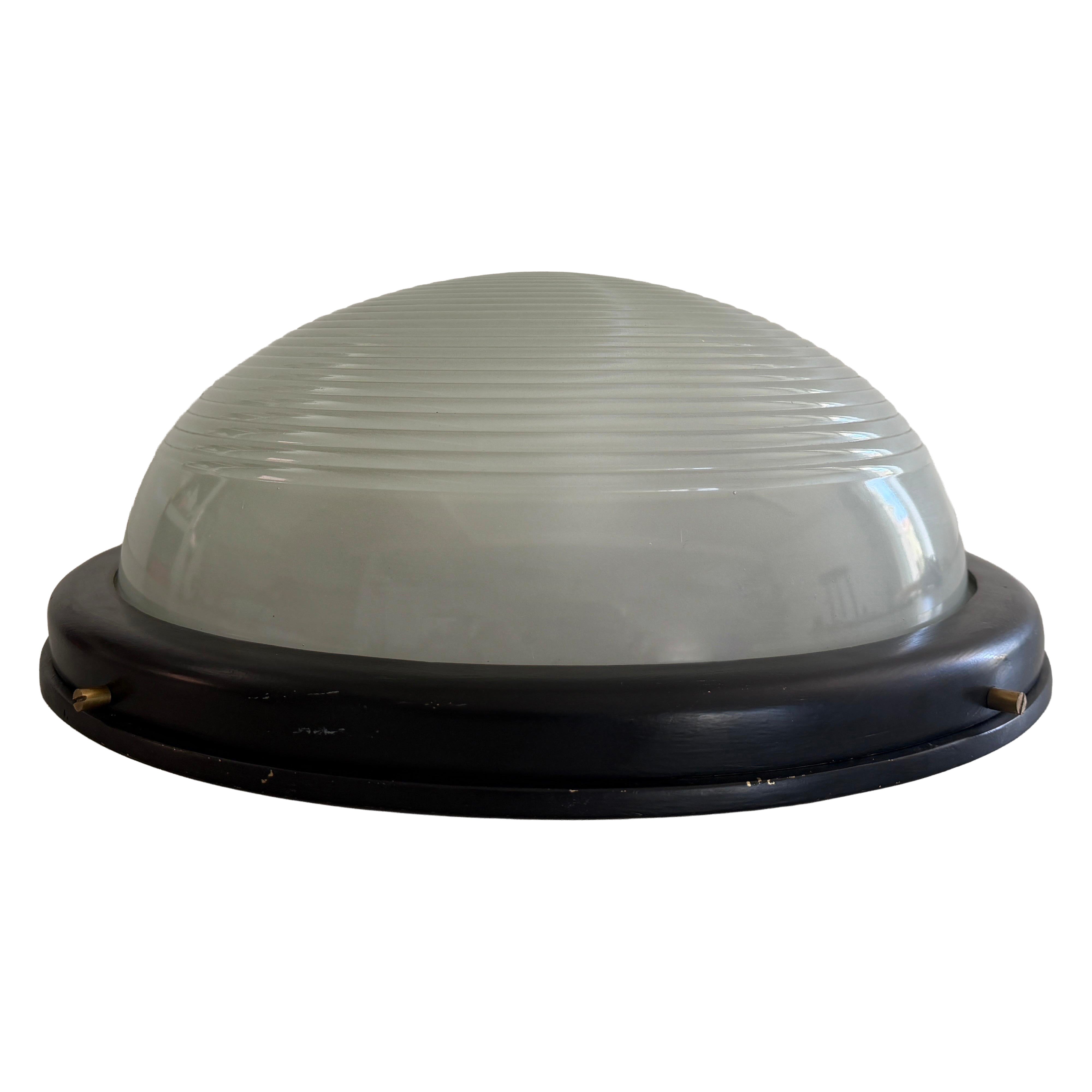 Mid-century Cast Iron Base and Glass Heavy Flush Mount Light, 1960s, Italy