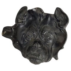 Midcentury Cast Iron Bulldog Face Cigar Ashtray in Original Black Paint