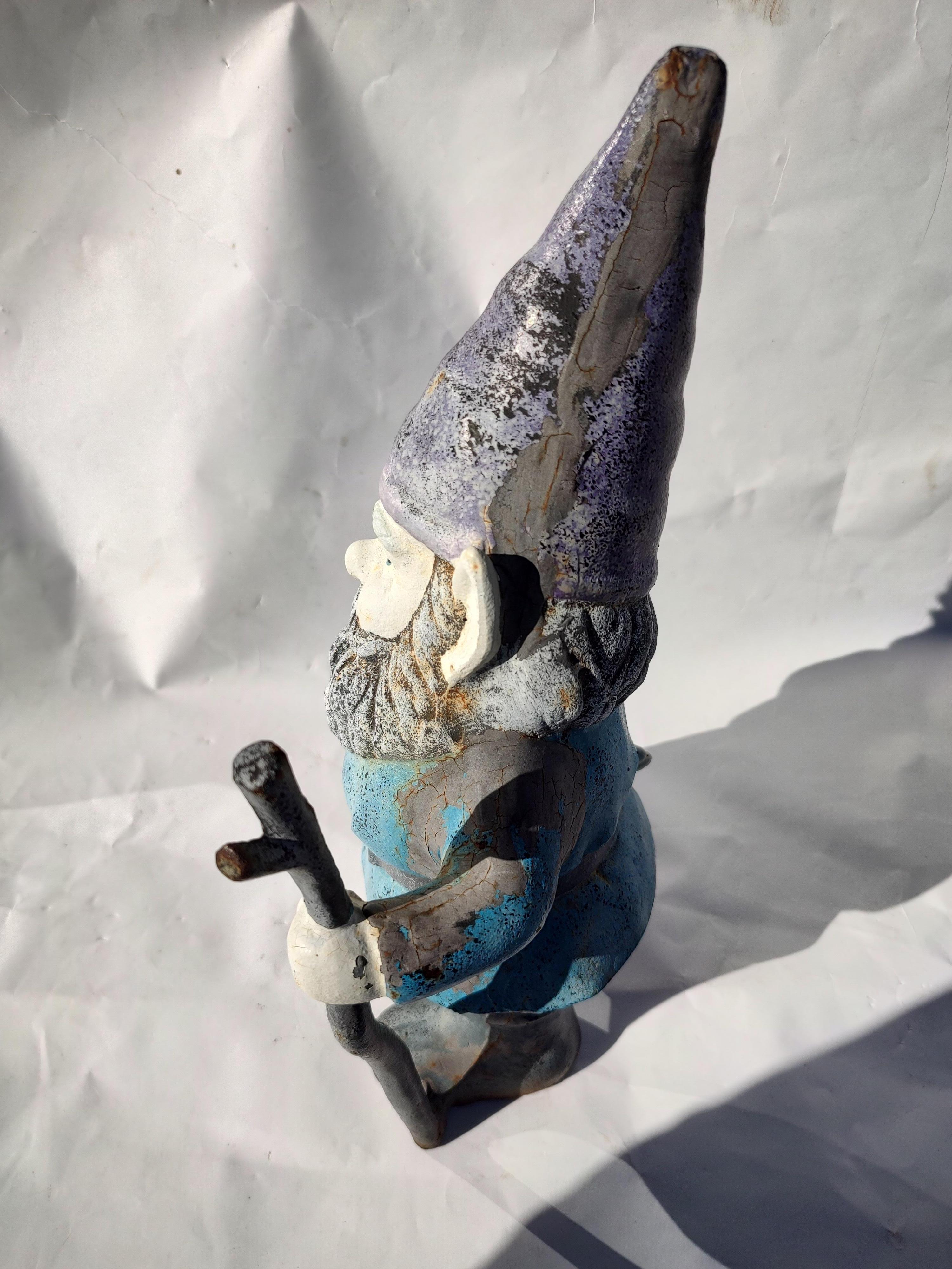 American Mid Century Cast Iron Gnome with Walking Stick Doorstop