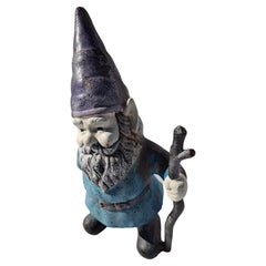Mid Century Cast Iron Gnome with Walking Stick Doorstop